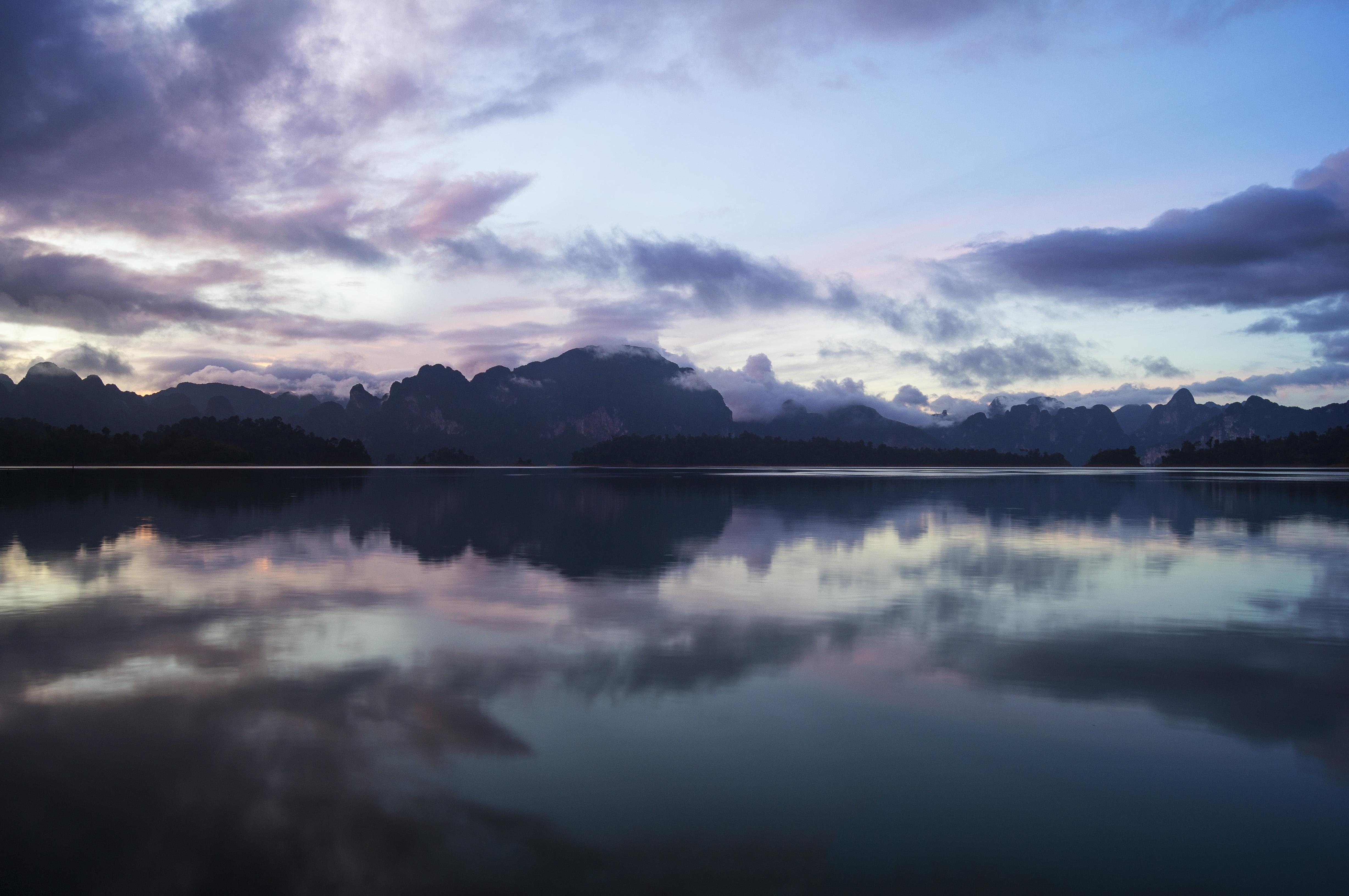 4K lake landscape with mountains and clouds reflection HD Wallpaper