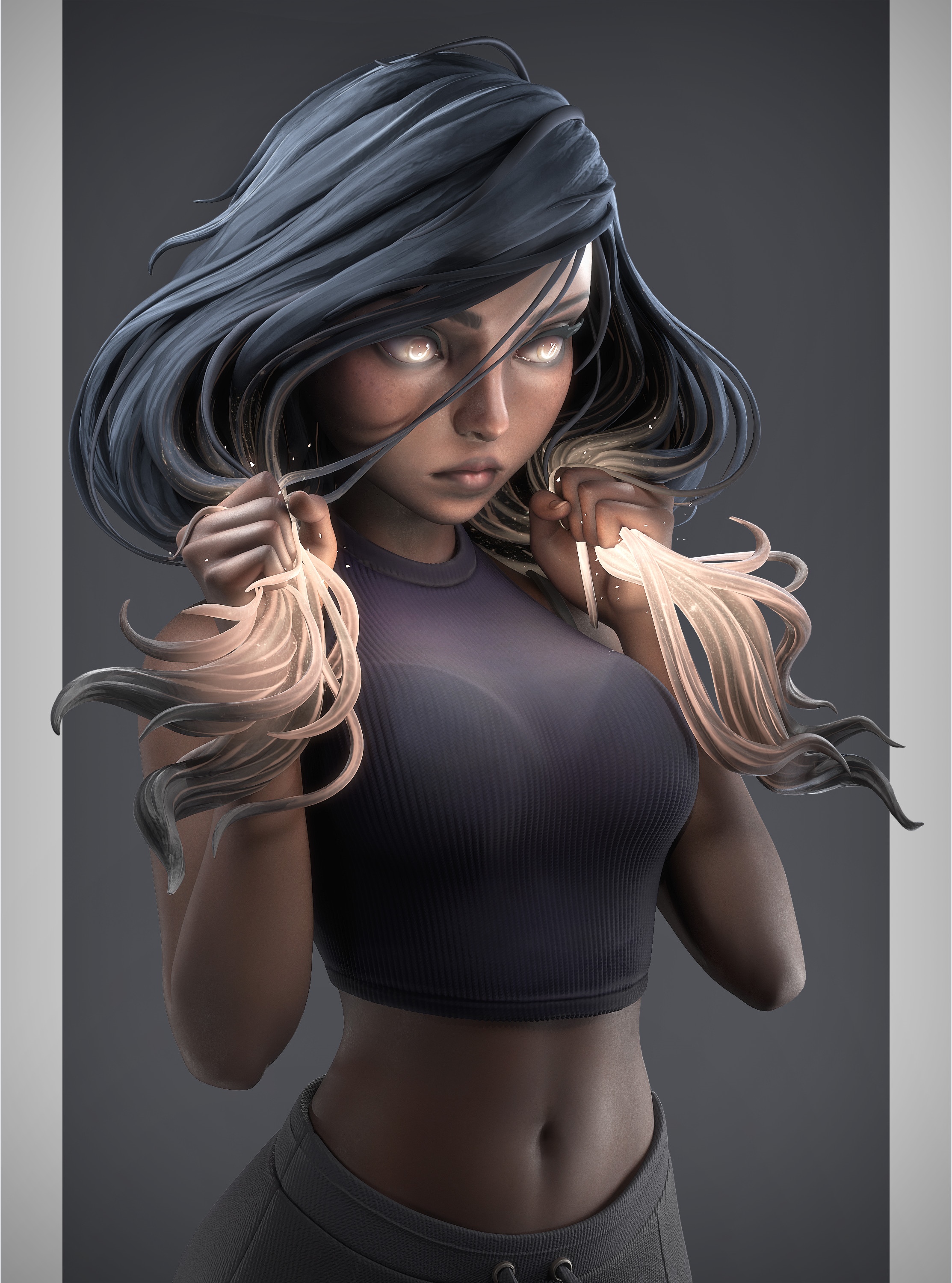 Woman with glowing eyes and flowing hair HD Phone Wallpaper