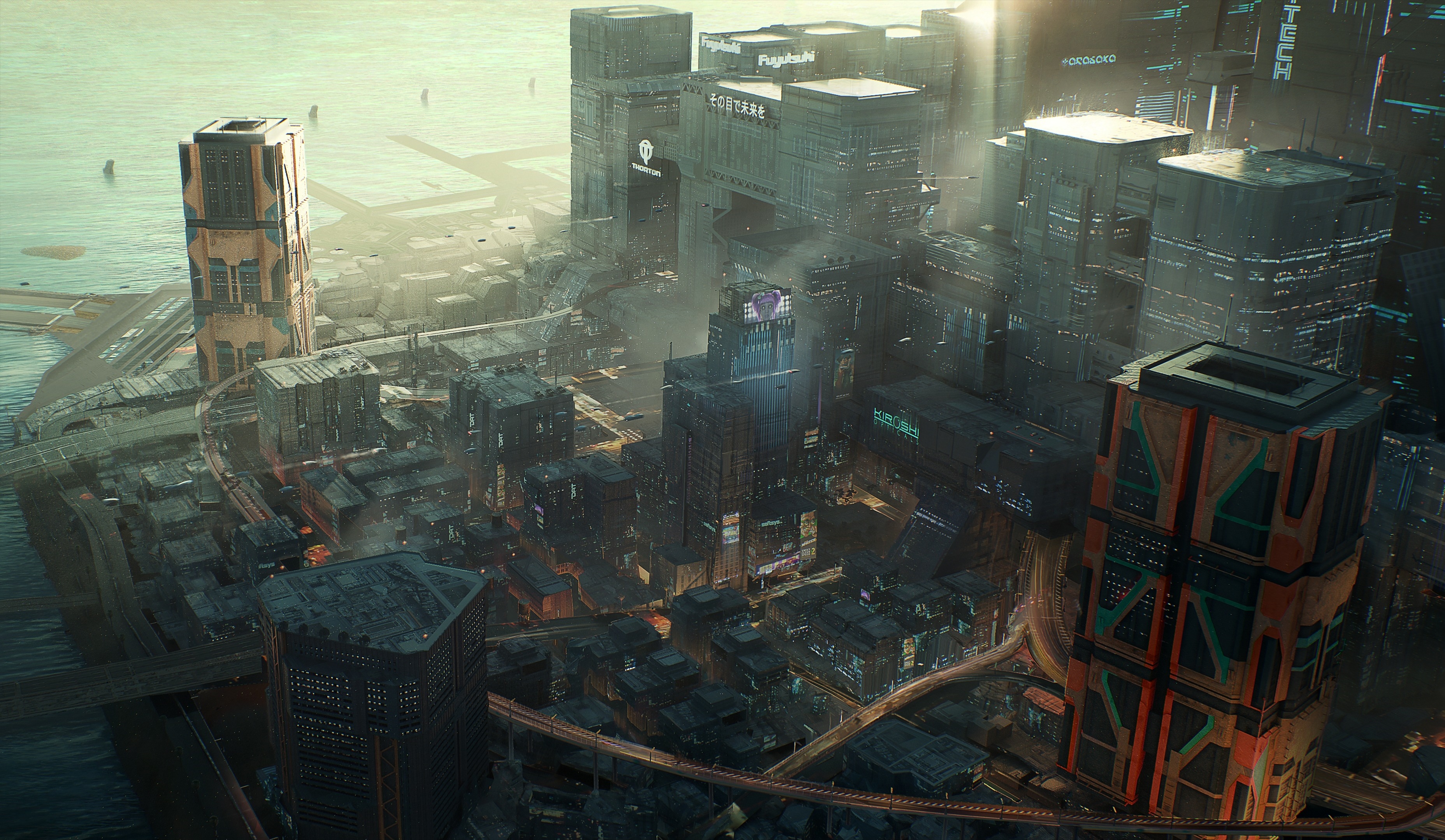 Cyberpunk 2077 city skyline with futuristic buildings HD Wallpaper