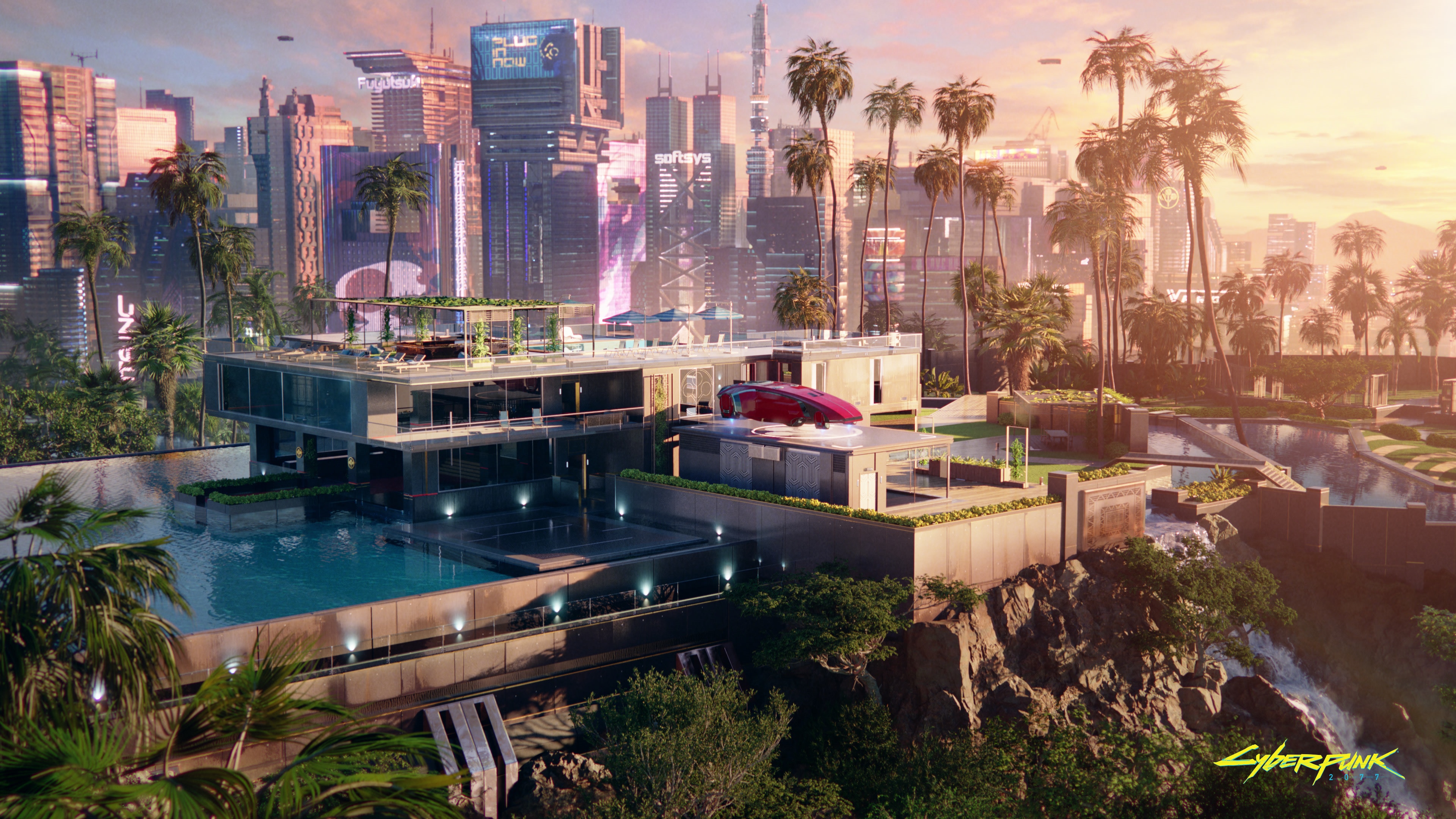 Cyberpunk 2077 futuristic mansion with city skyline at sunset HD Wallpaper