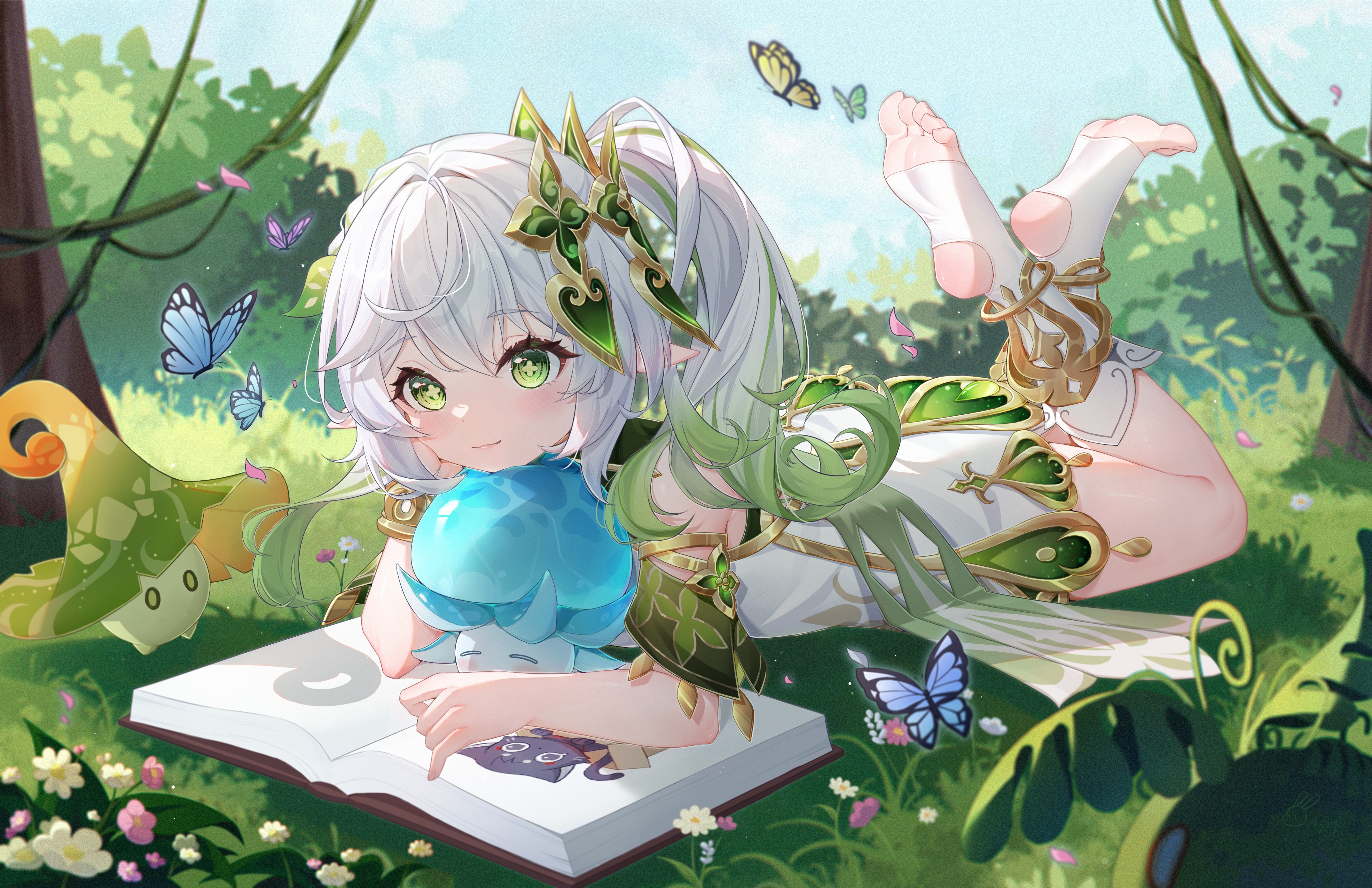 Genshin Impact: Nahida reading with butterflies HD Wallpaper