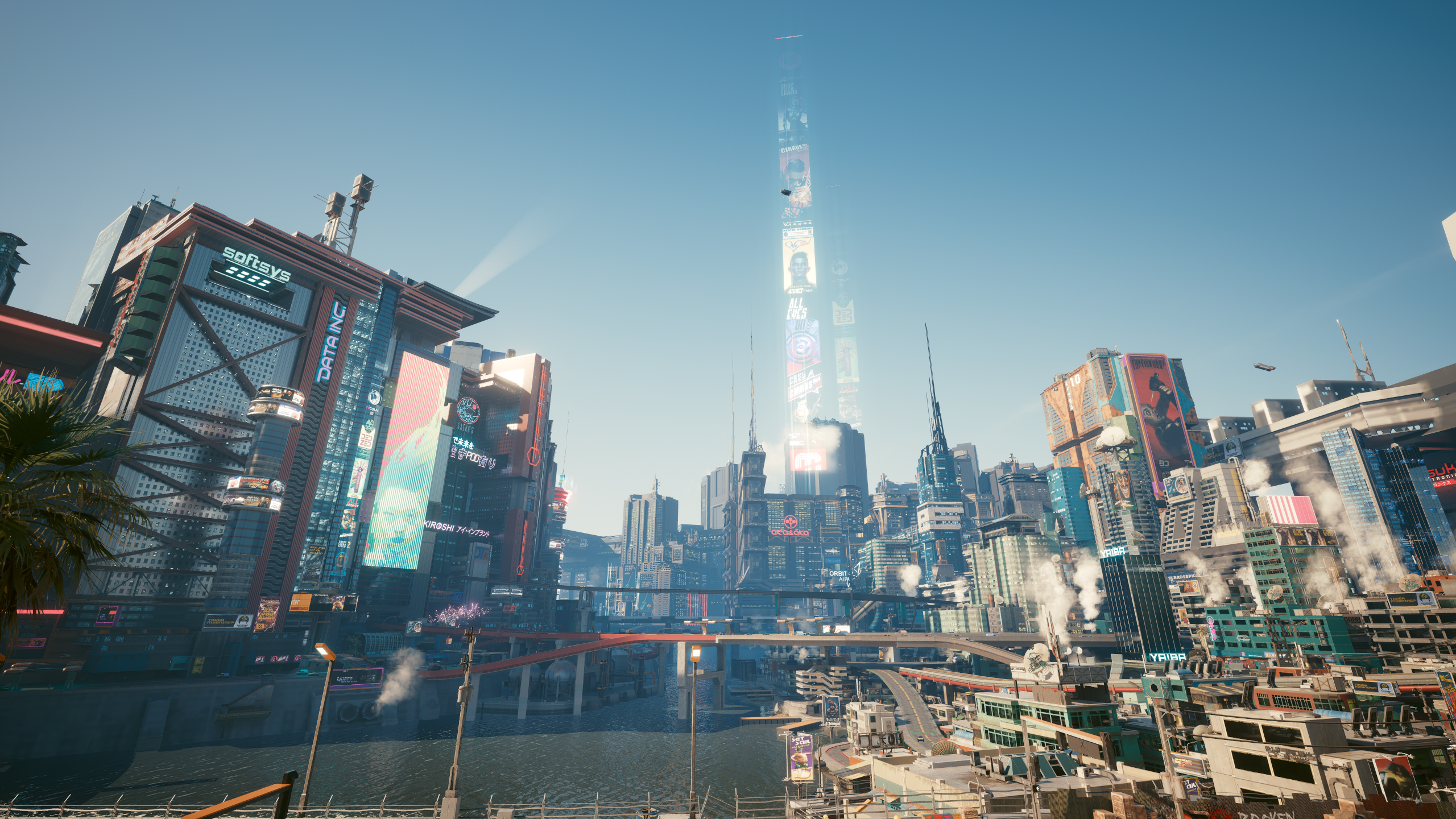 Cyberpunk 2077 cityscape with futuristic buildings and water HD Wallpaper