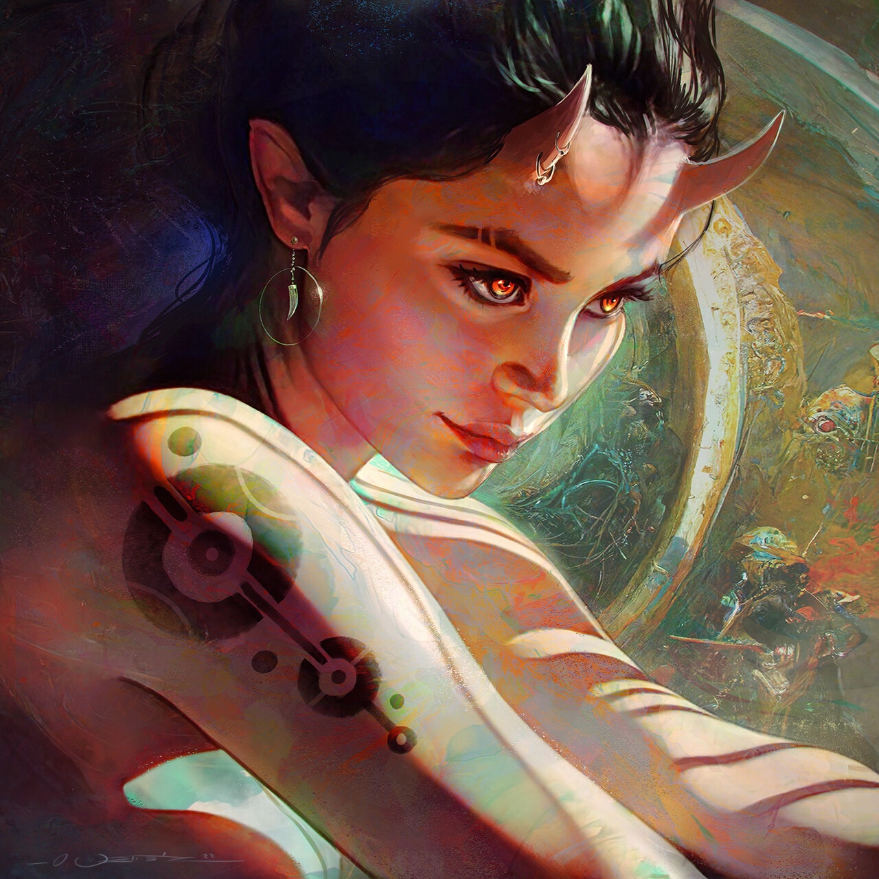 Digital art of a woman with devil horns by Oliver Wetter HD Wallpaper
