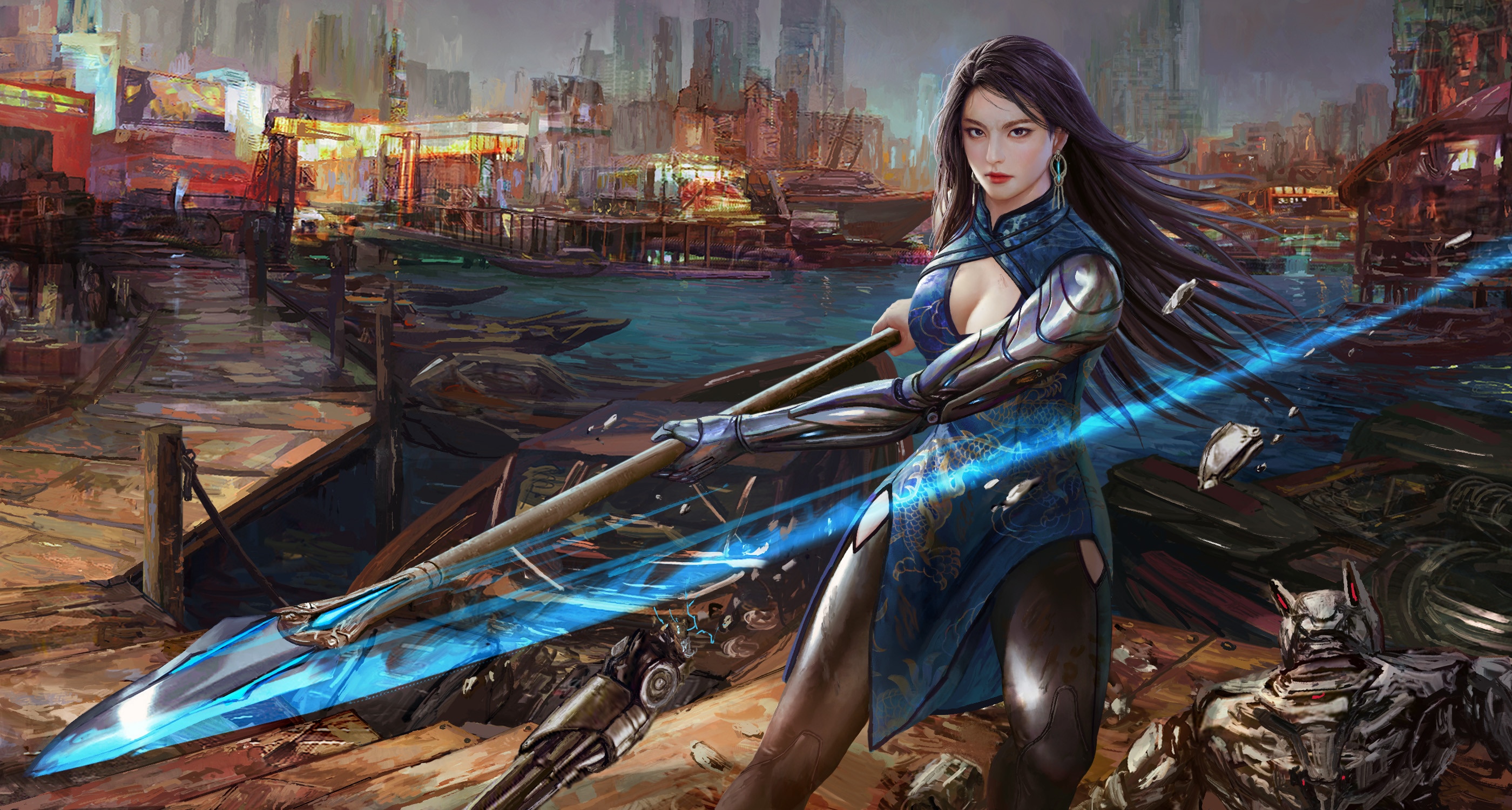 Woman with spear on a dock with a robot HD Wallpaper
