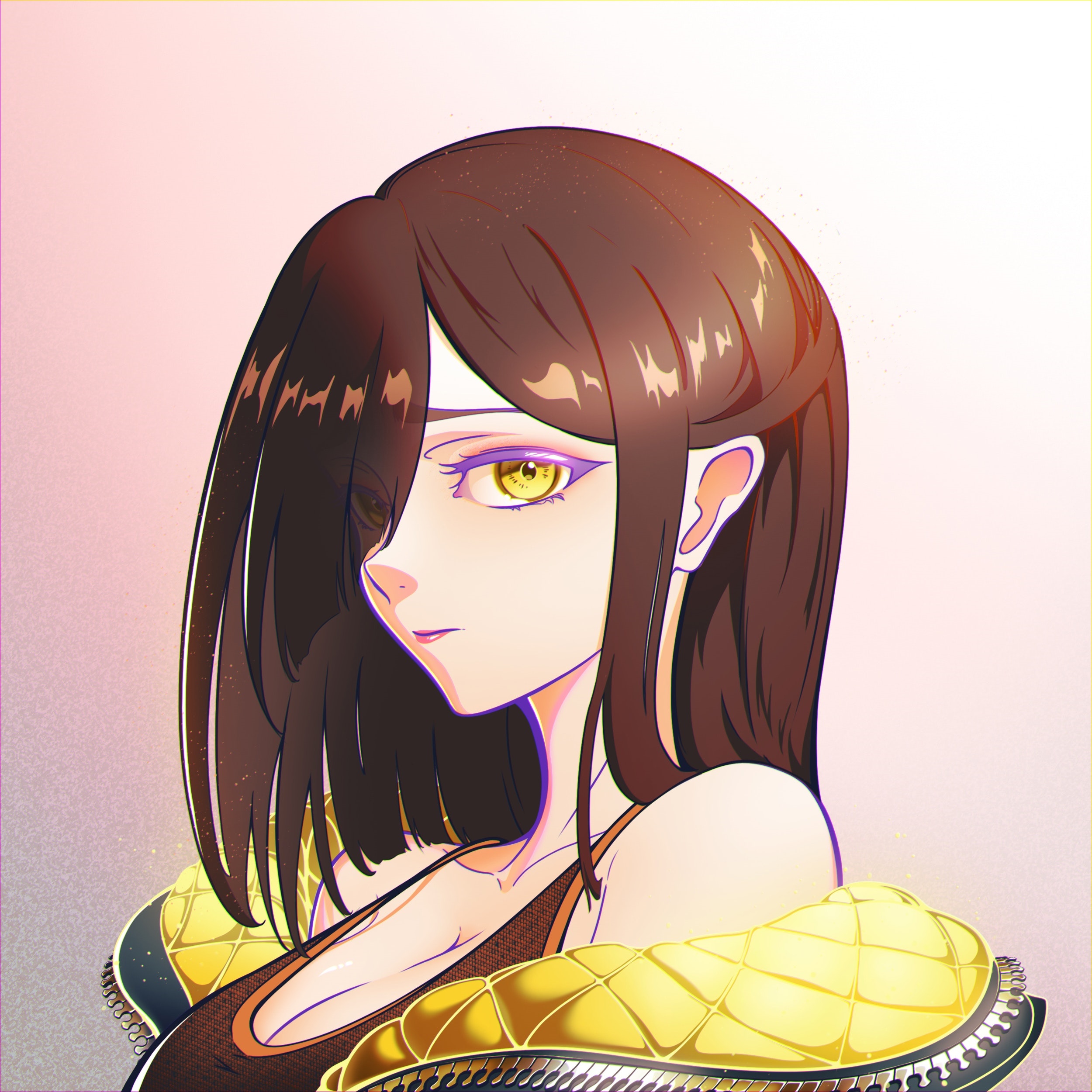 Woman with brown hair and yellow eyes wearing a jacket HD Wallpaper