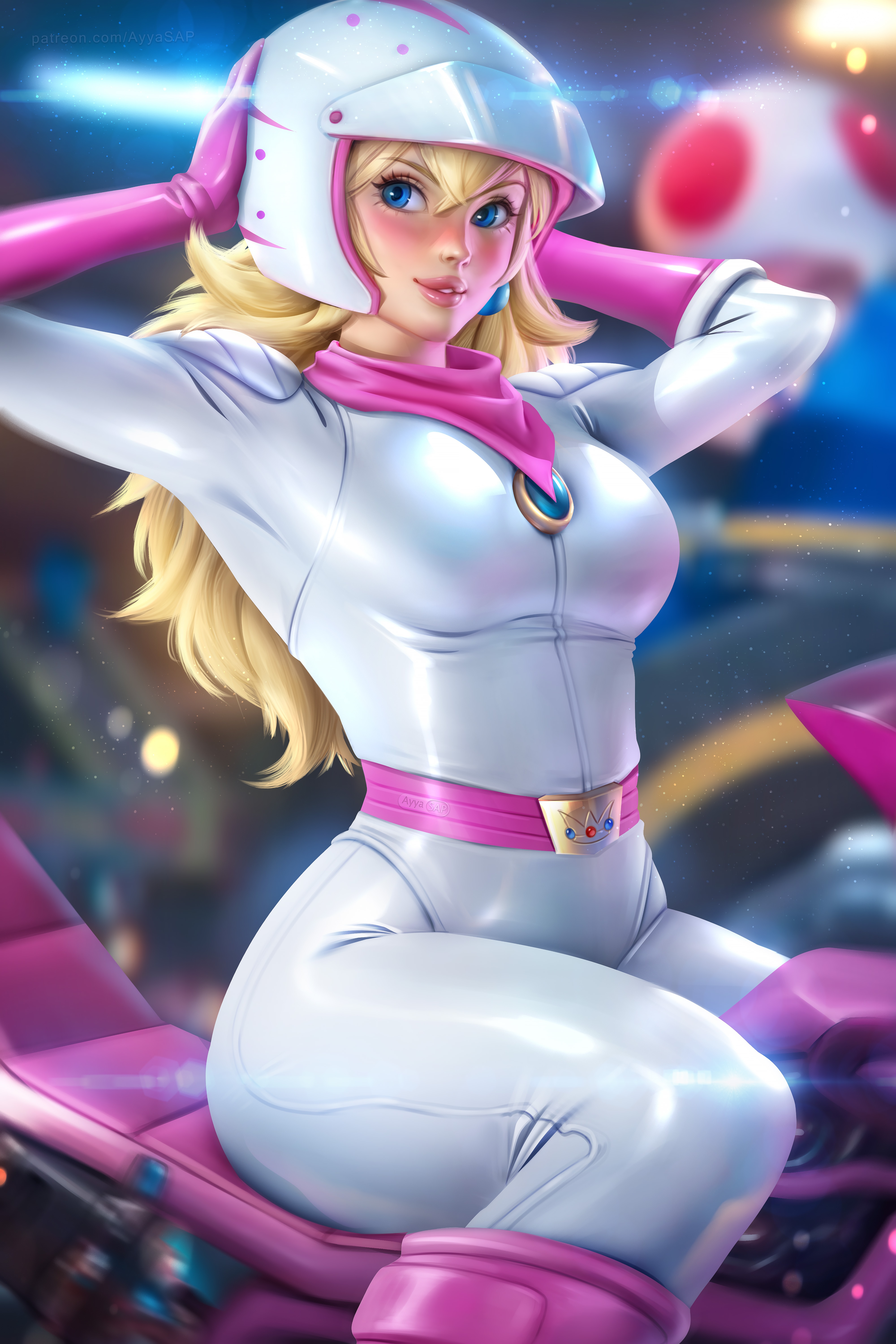 Princess Peach in a racing suit on a motorcycle HD Phone Wallpaper