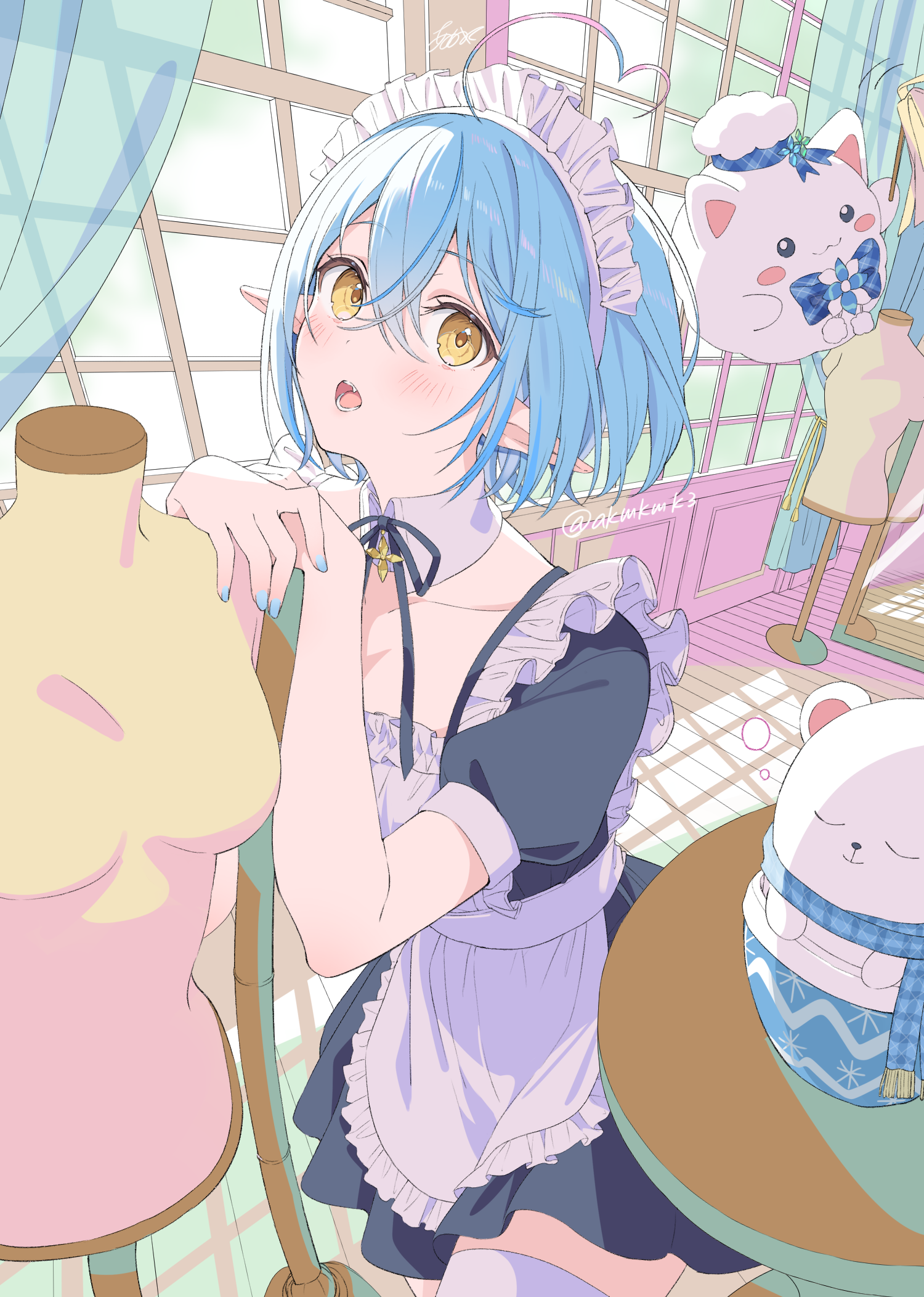 Maid Outfit Anime Girl with Blue Hair and Yellow Eyes HD Phone Wallpaper