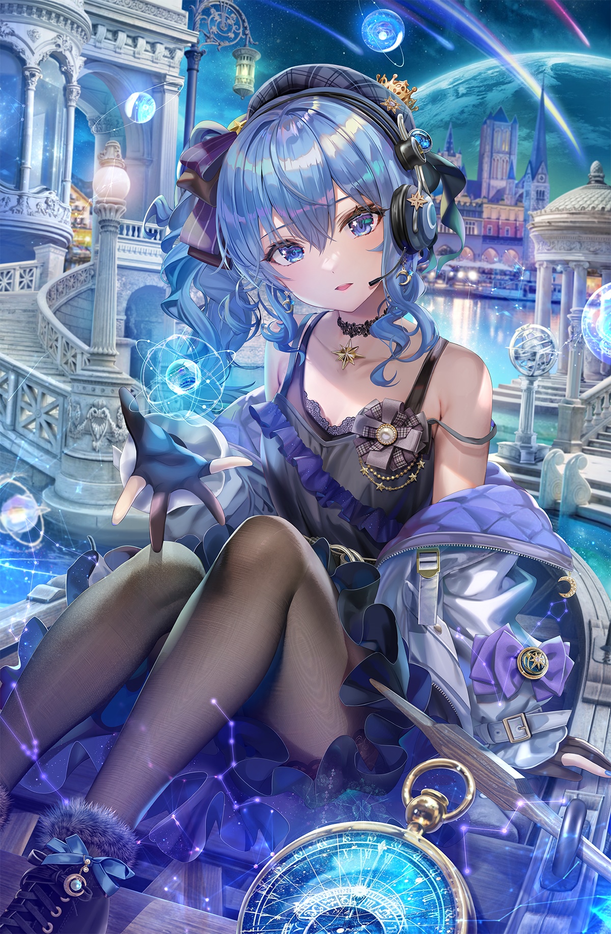 Hoshimachi Suisei in a futuristic cityscape with planets HD Phone Wallpaper