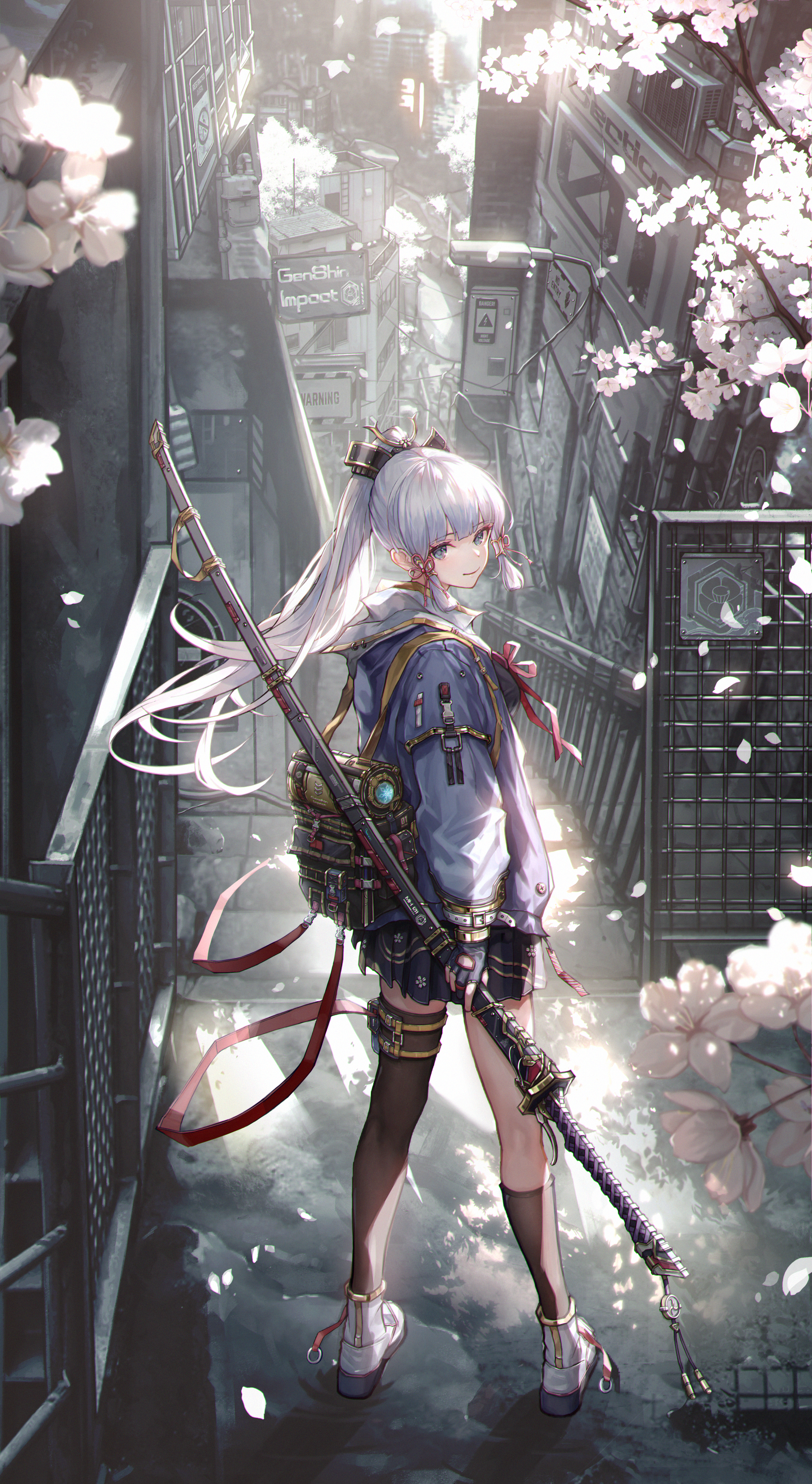 Kamisato Ayaka with Katana in City with Cherry Blossoms HD Phone Wallpaper