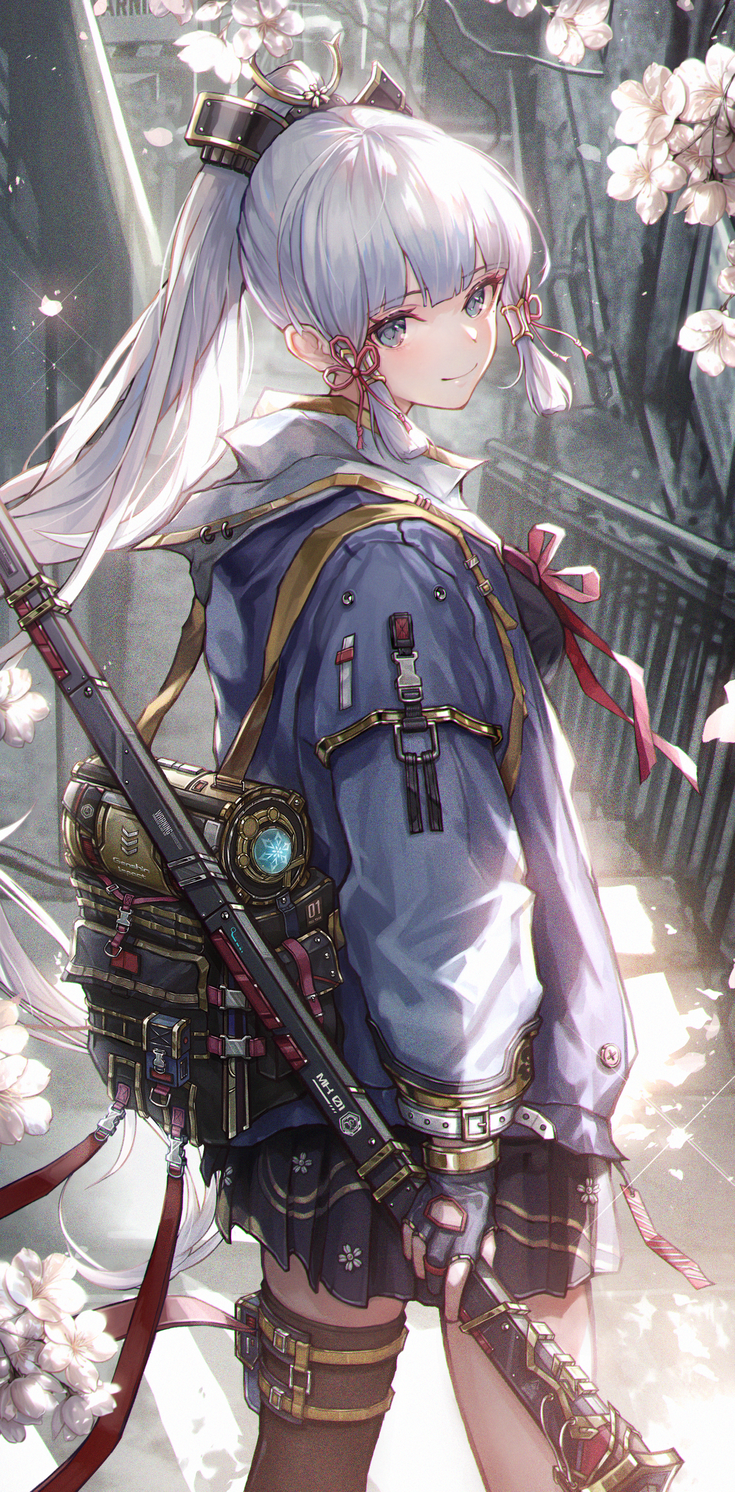 Kamisato Ayaka with Katana and Backpack HD Phone Wallpaper