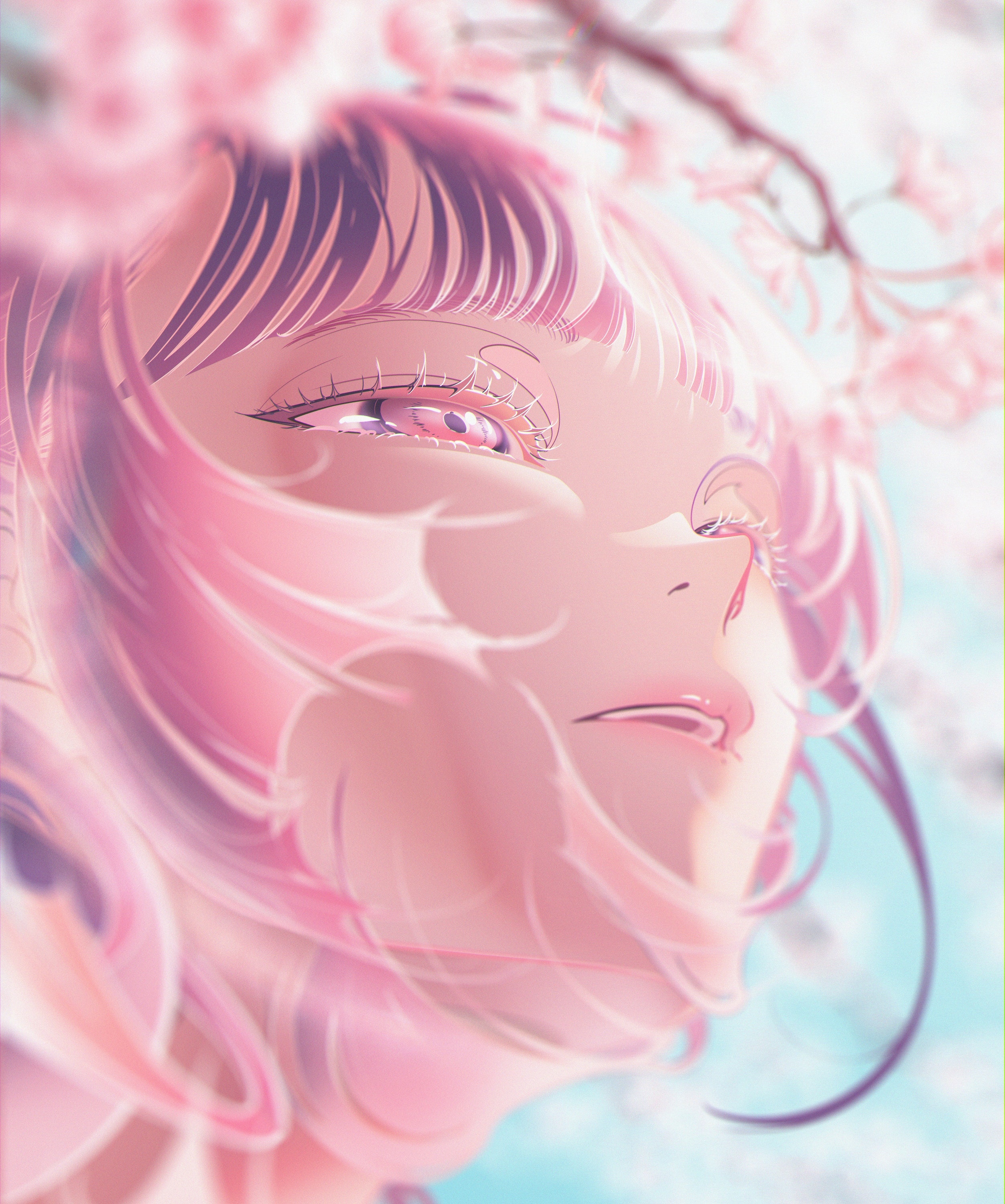 Woman looking up at cherry blossoms HD Phone Wallpaper