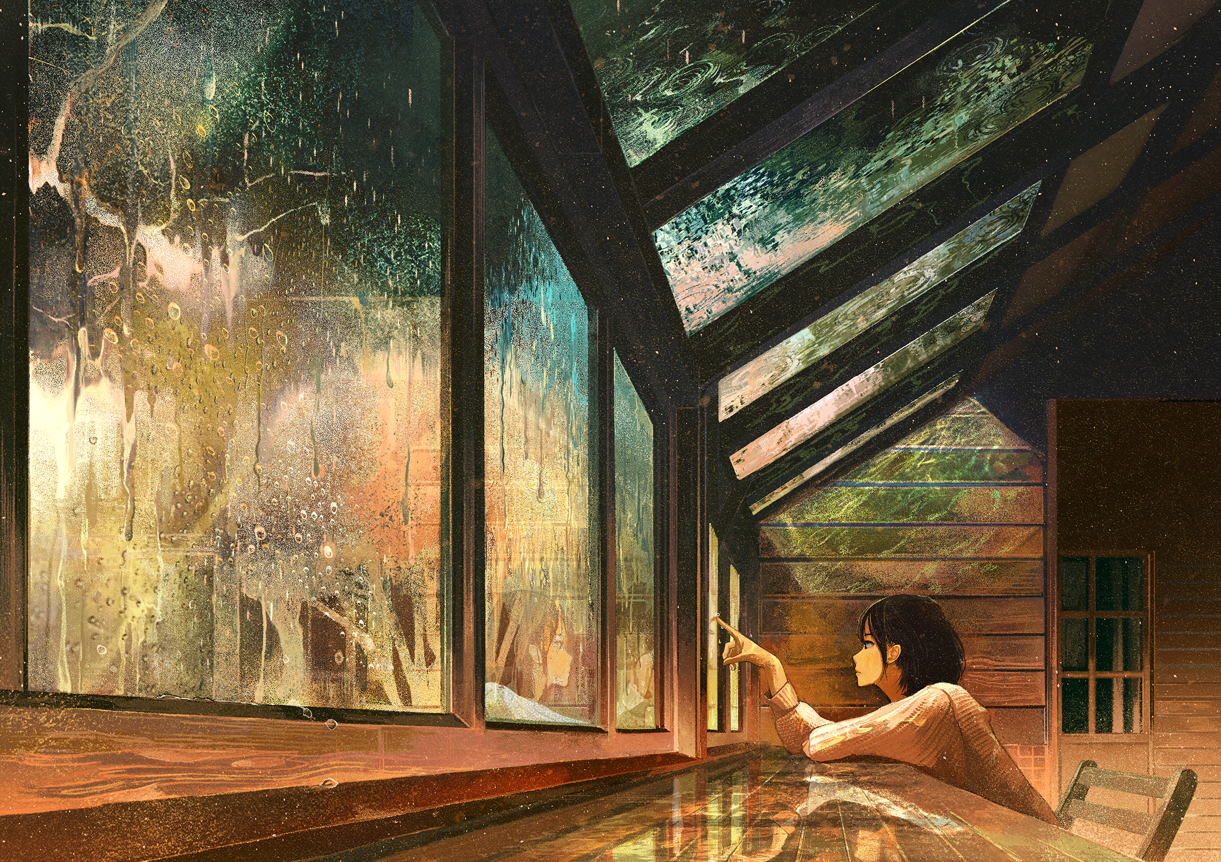 Anime girl looking out a rainy window HD Wallpaper