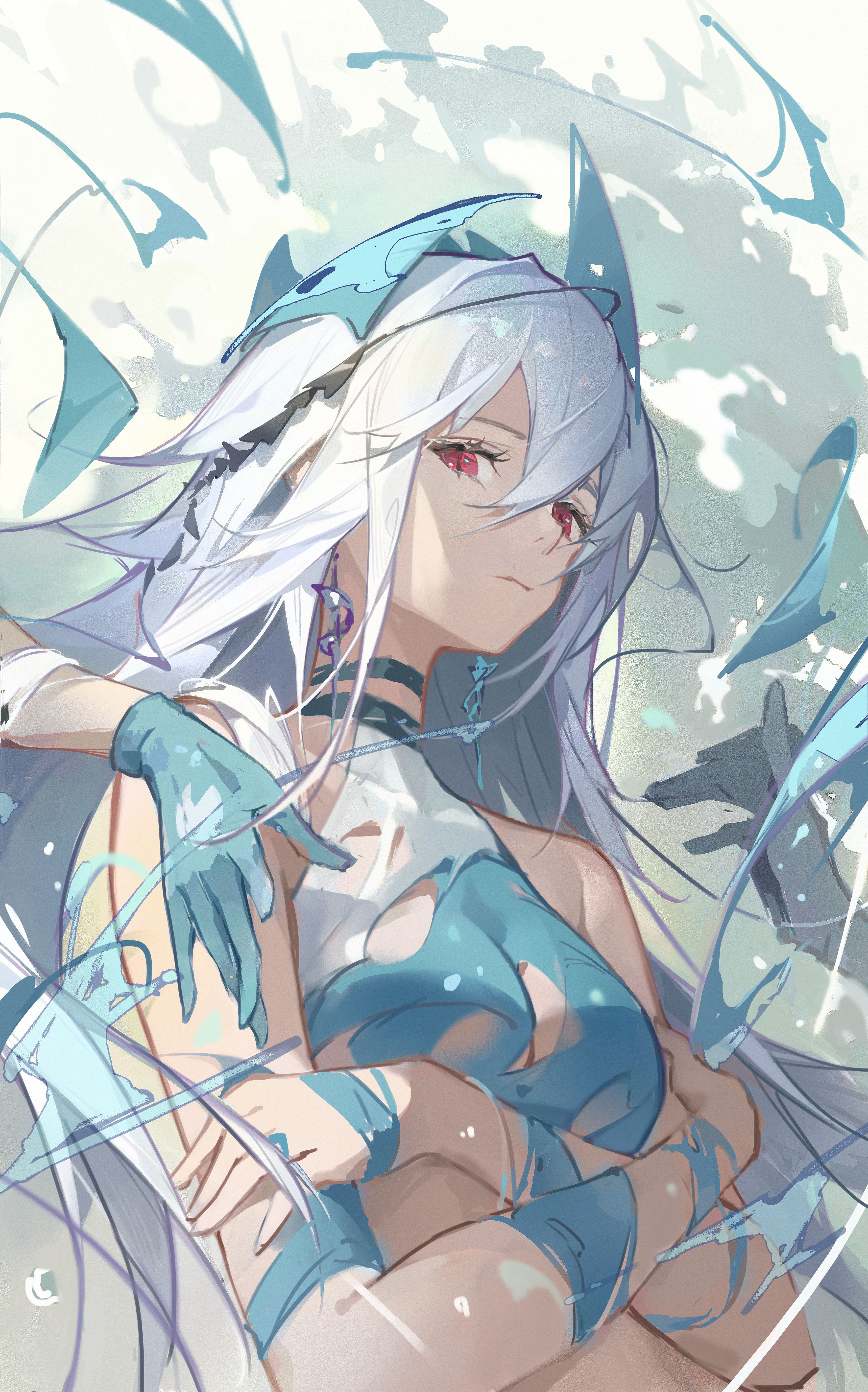 Anime girl with white hair and red eyes wearing gloves HD Phone Wallpaper