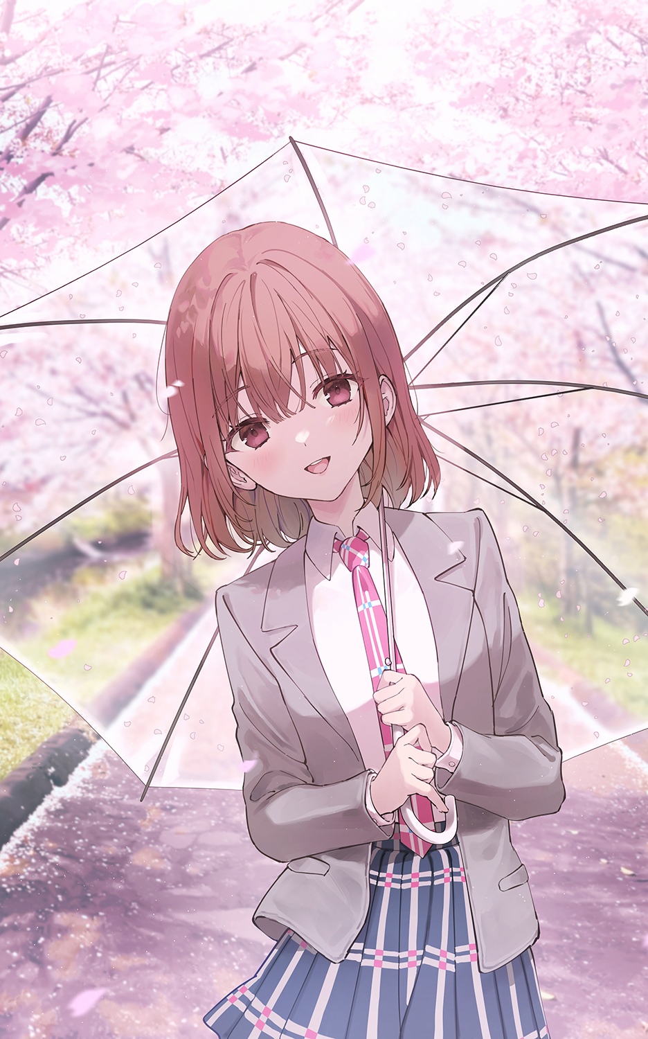 Girl with pink hair holding an umbrella under cherry blossoms HD Phone Wallpaper