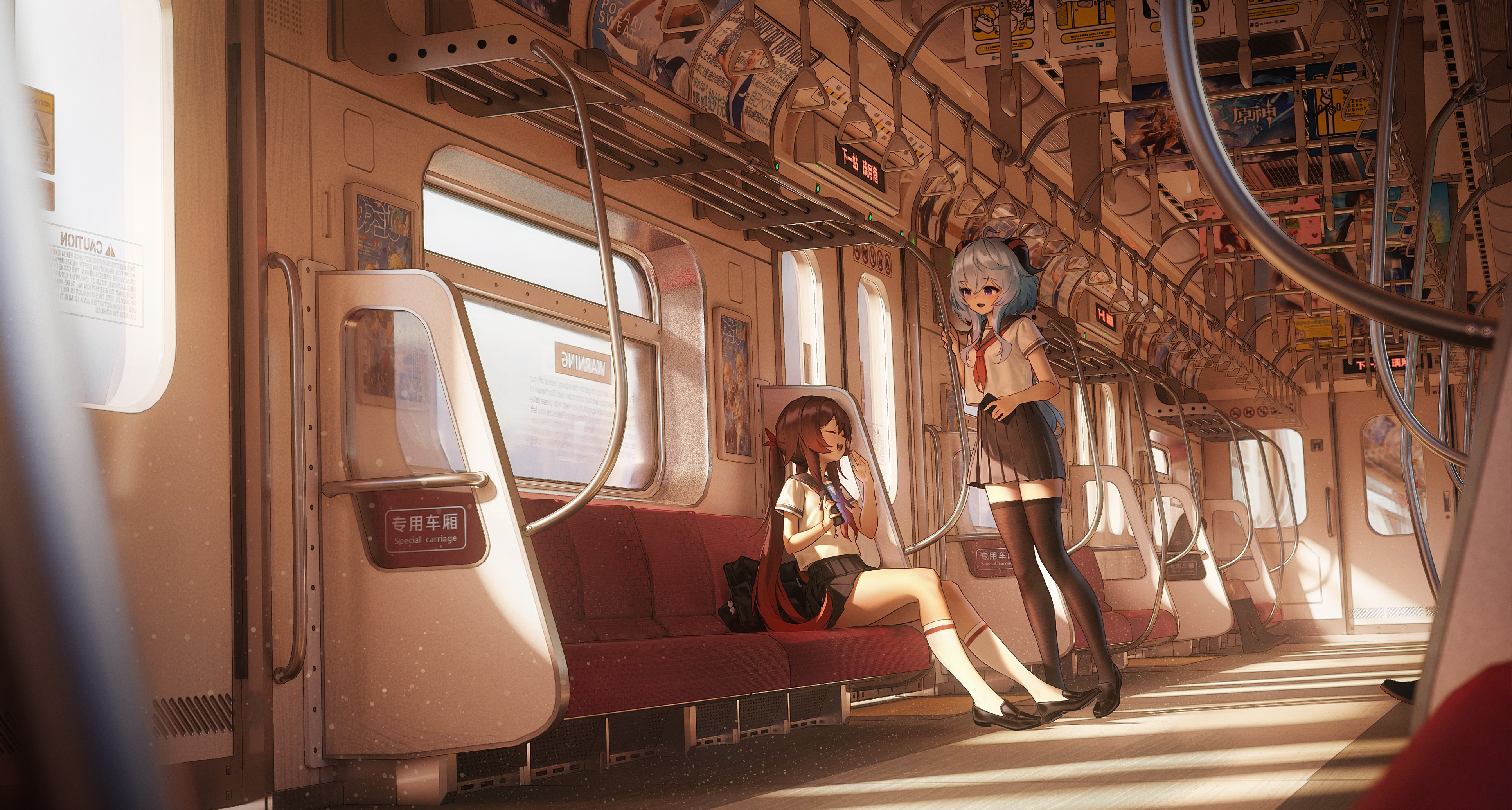 4K Genshin Impact Ganyu and Hu Tao on Subway HD Wallpaper