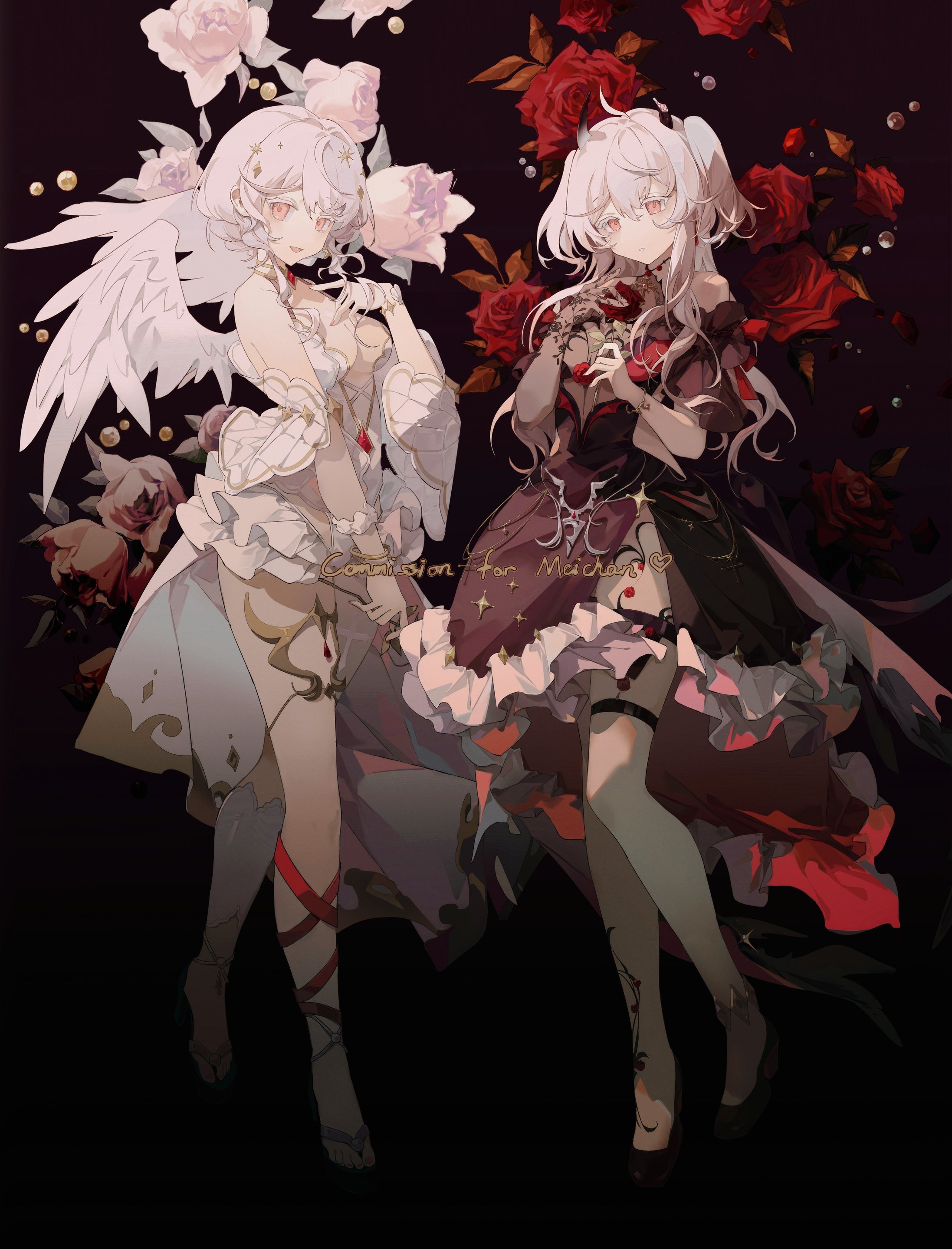 Two anime girls with wings and roses HD Phone Wallpaper