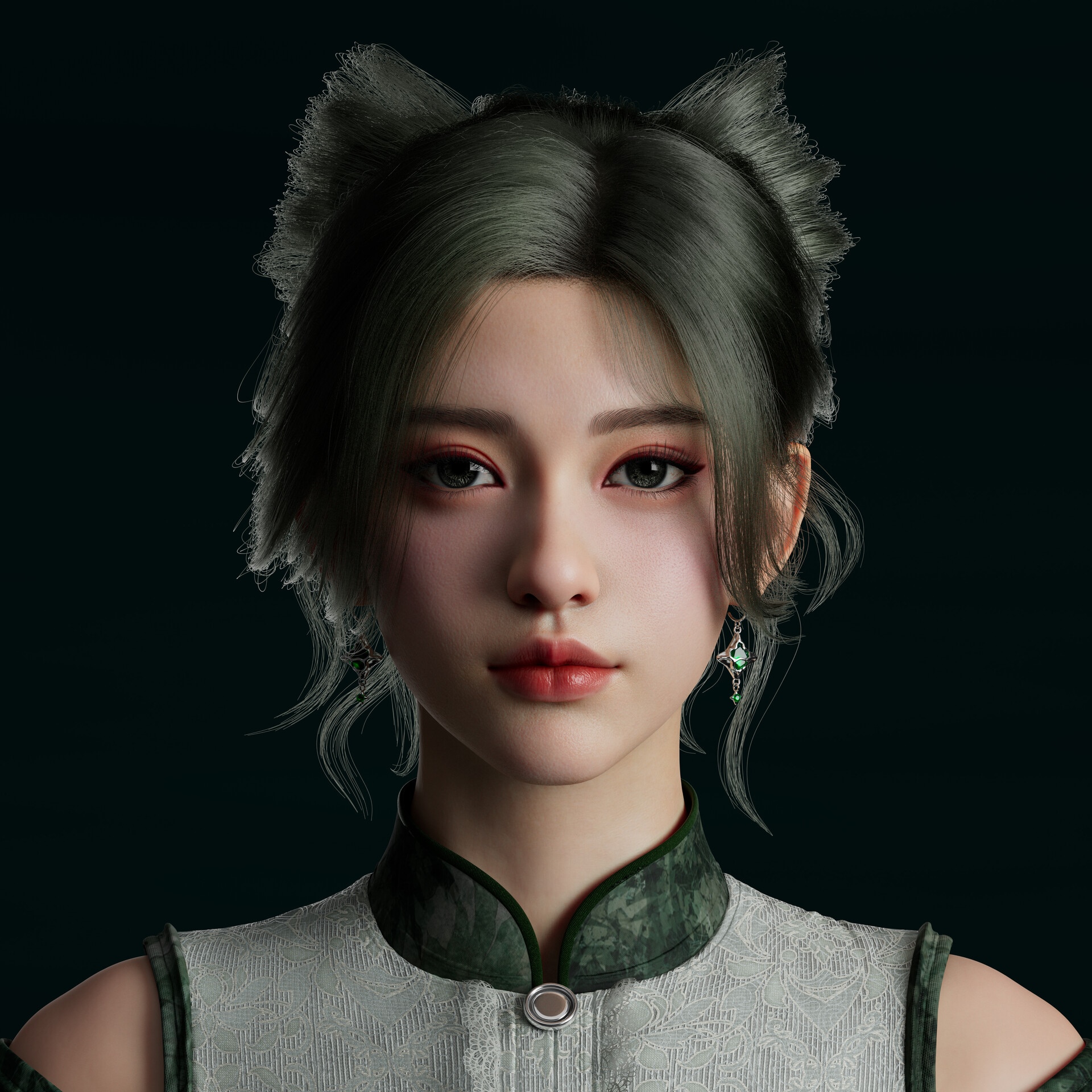 Asian woman with dark hair and cat ears HD Wallpaper