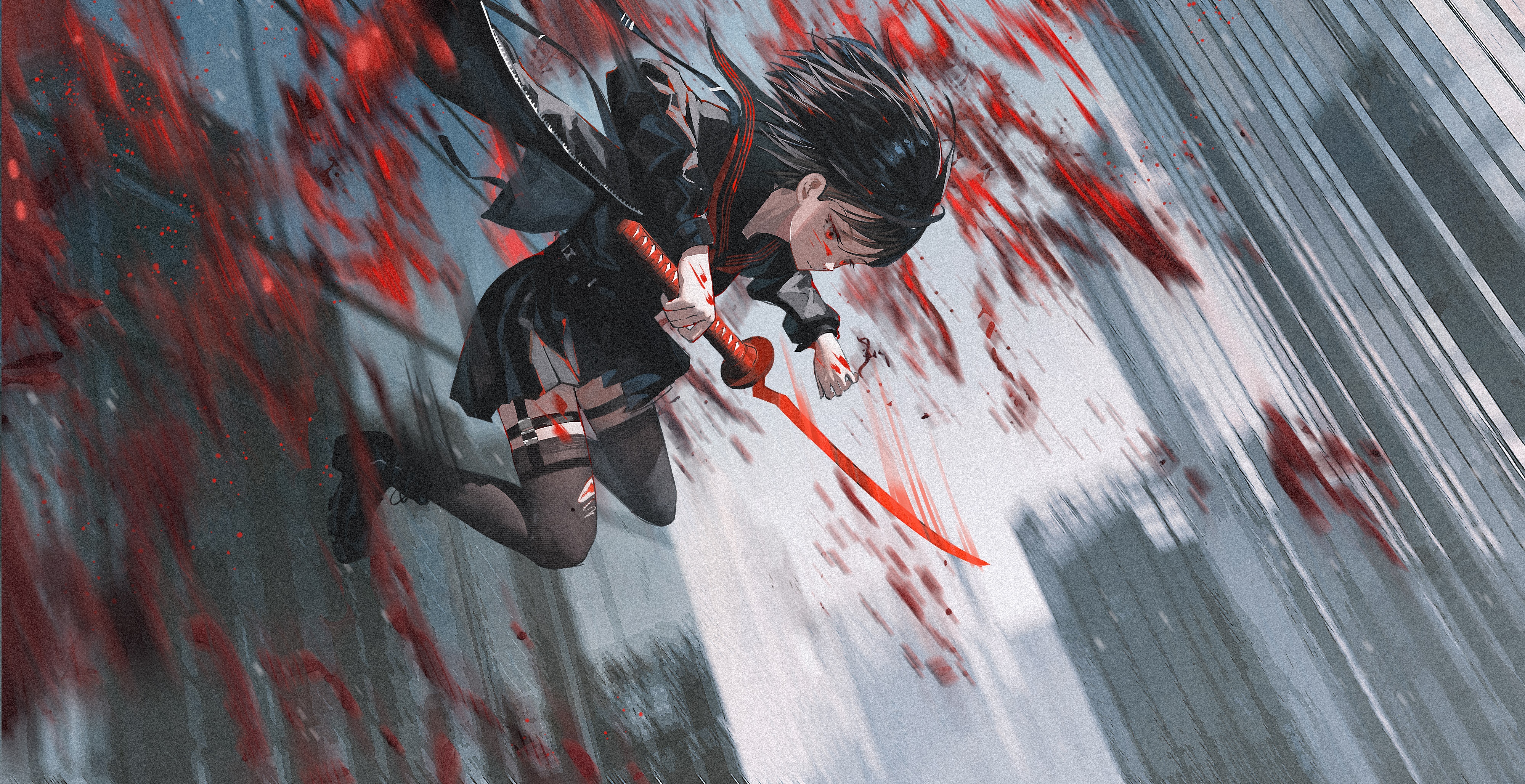 Schoolgirl with katana in blood splatters HD Wallpaper