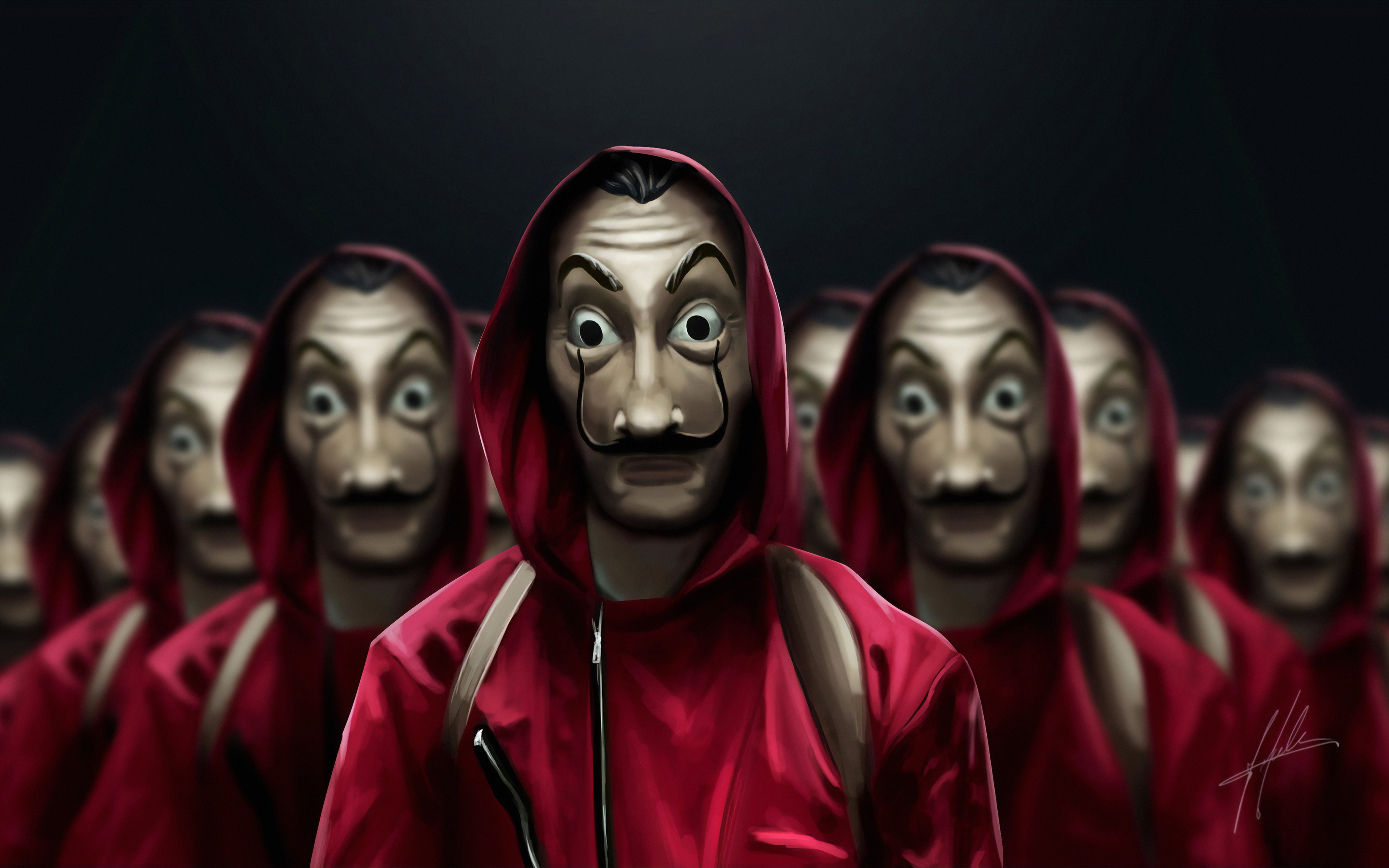 Money Heist characters in red jumpsuits and masks HD Wallpaper