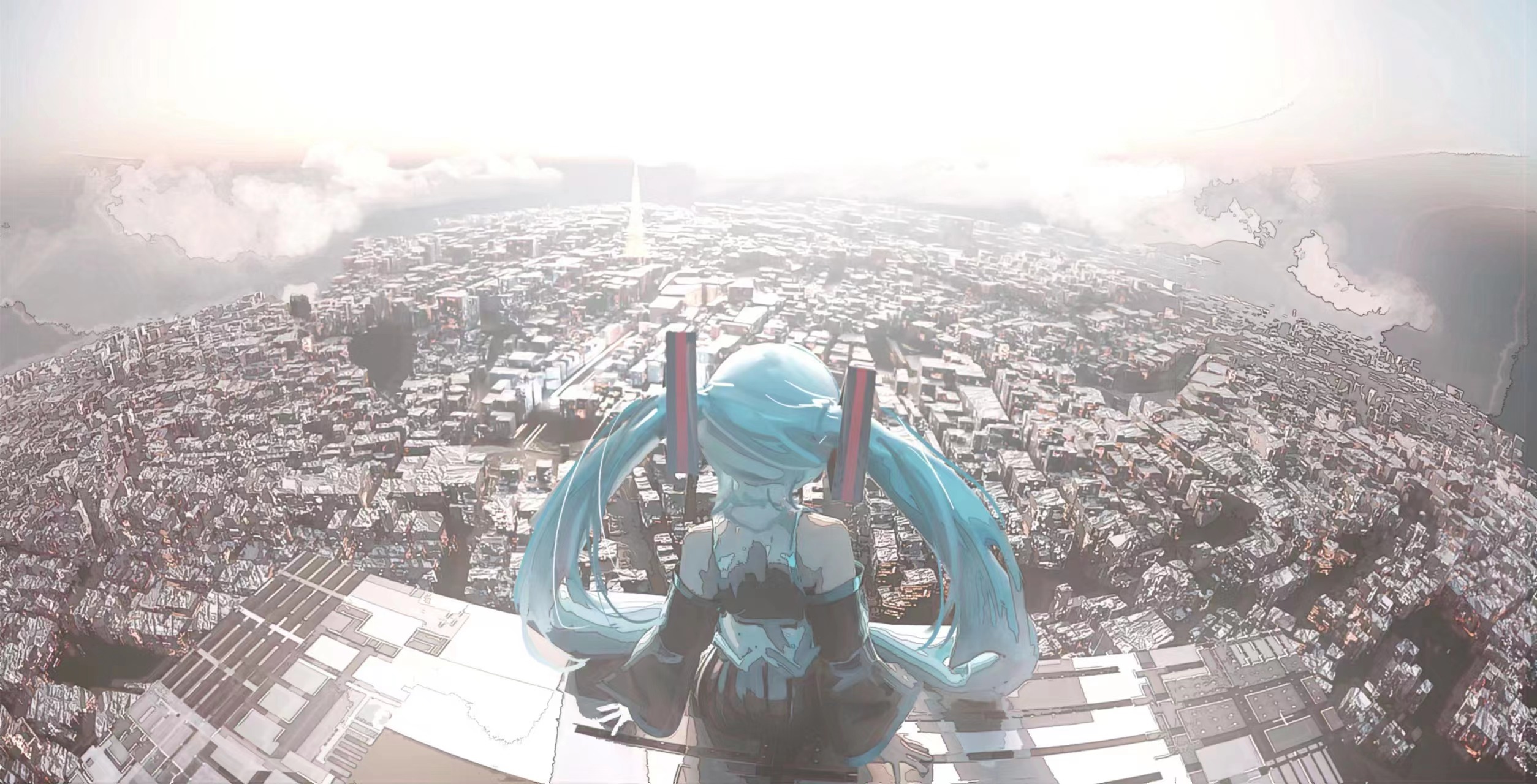 Hatsune Miku overlooking a sprawling cityscape at sunrise HD Wallpaper