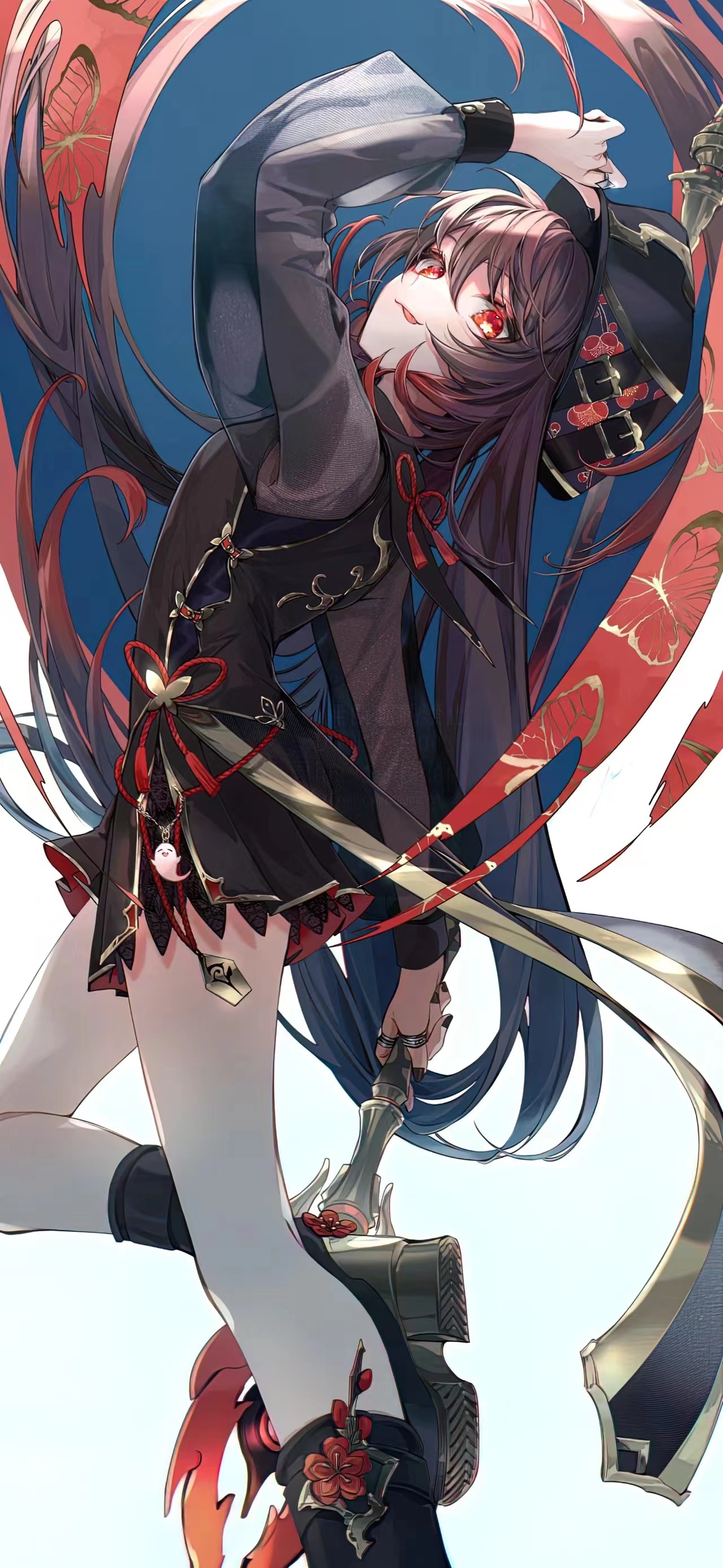 Hu Tao from Genshin Impact holding a polearm HD Phone Wallpaper