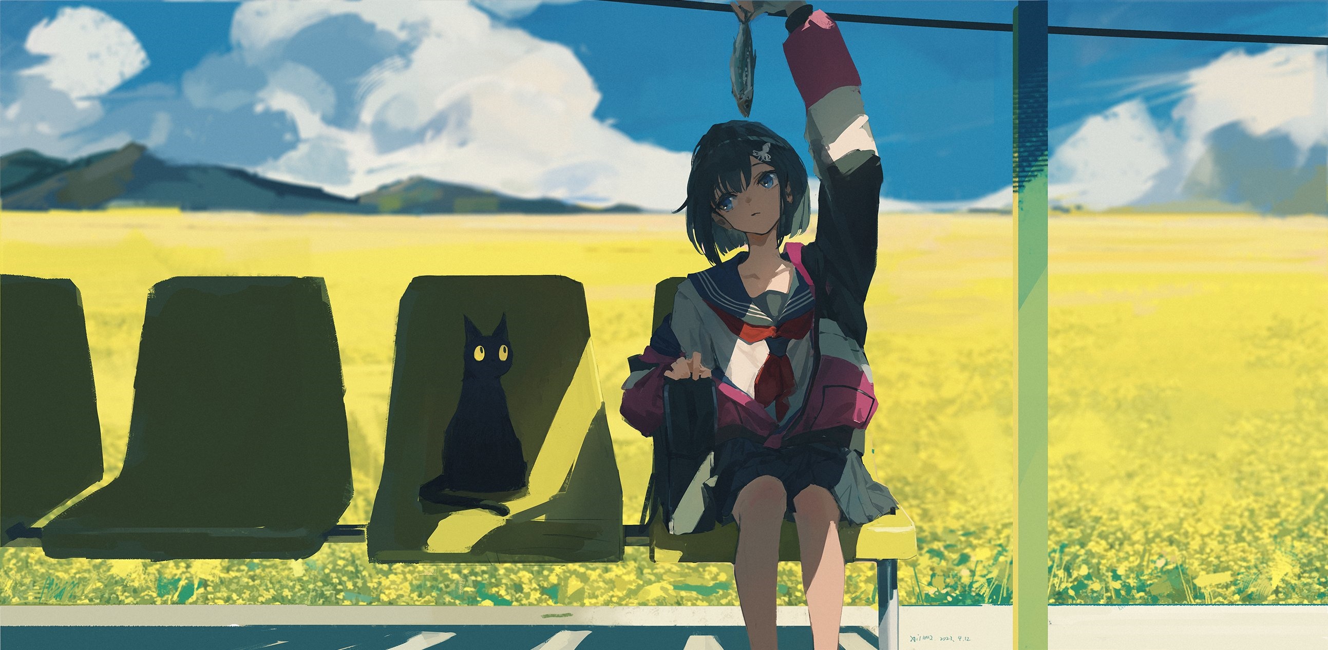 Girl with Black Cat at a Bus Stop with Fish HD Wallpaper