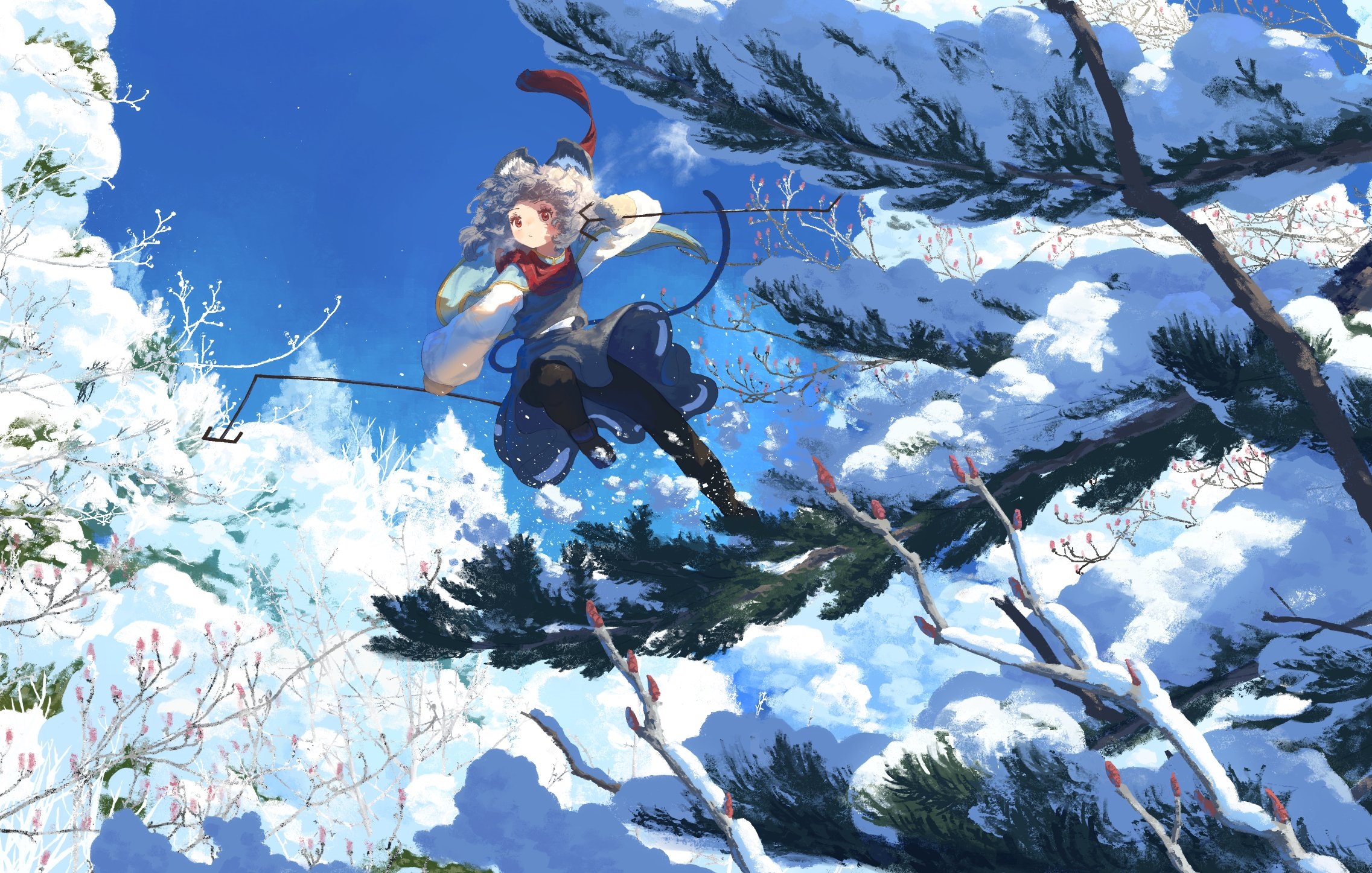 Nazrin in a snowy forest with a bow HD Wallpaper