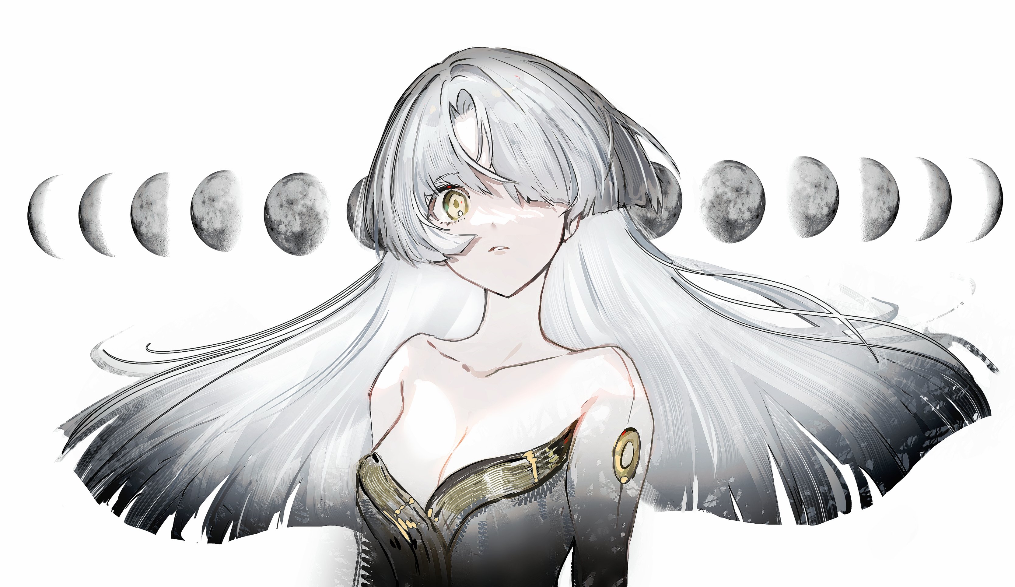 Anime girl with white hair and yellow eyes with moon phases HD Wallpaper