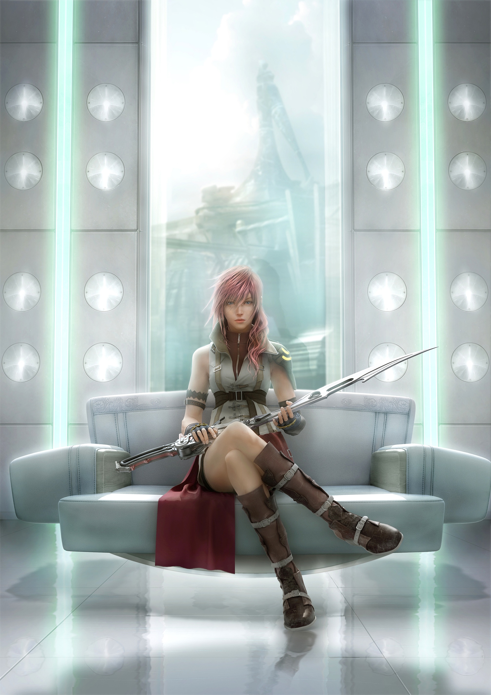 Lightning from Final Fantasy XIII sitting with a sword HD Phone Wallpaper