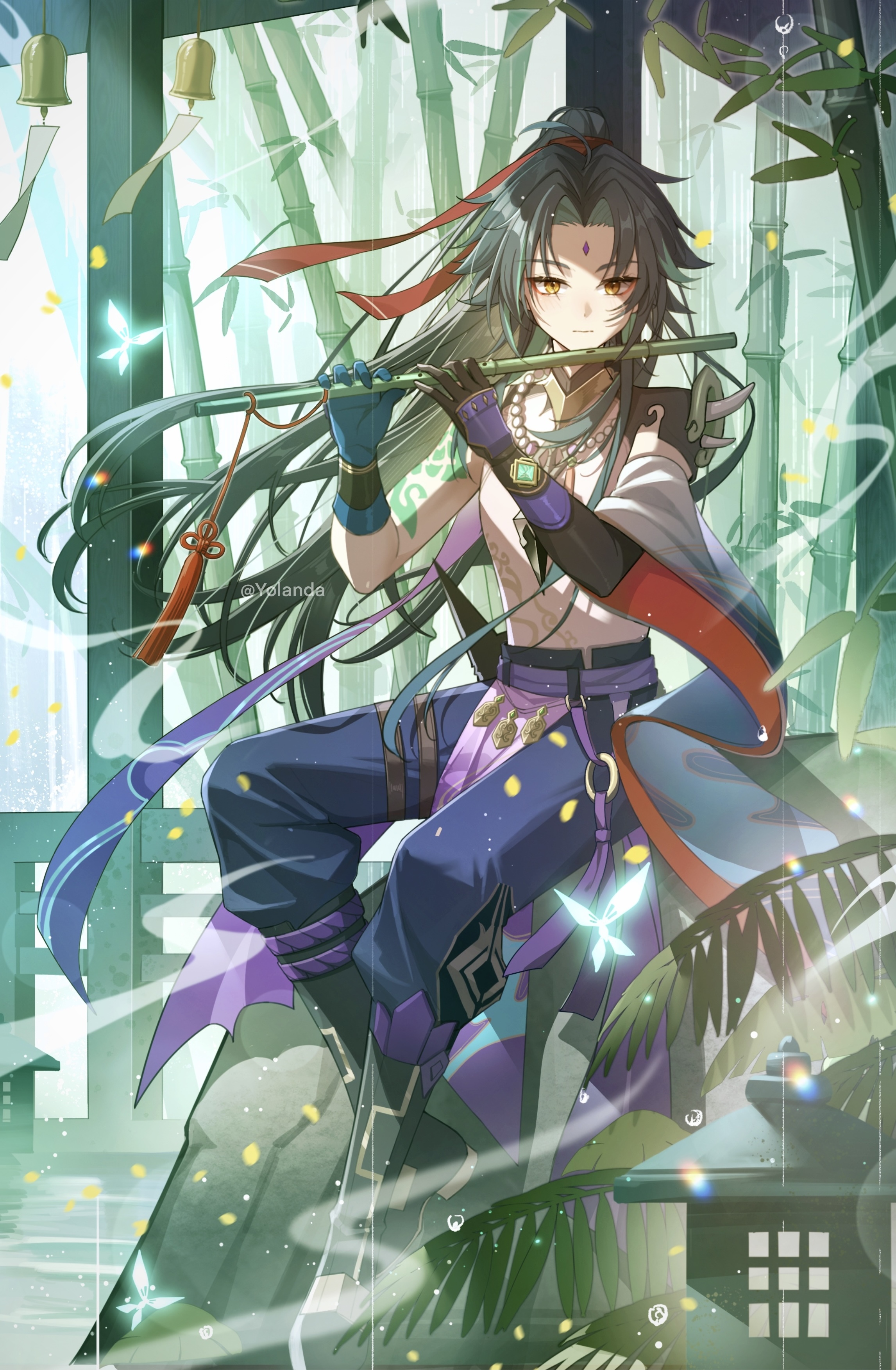 Xiao playing flute in bamboo forest HD Phone Wallpaper
