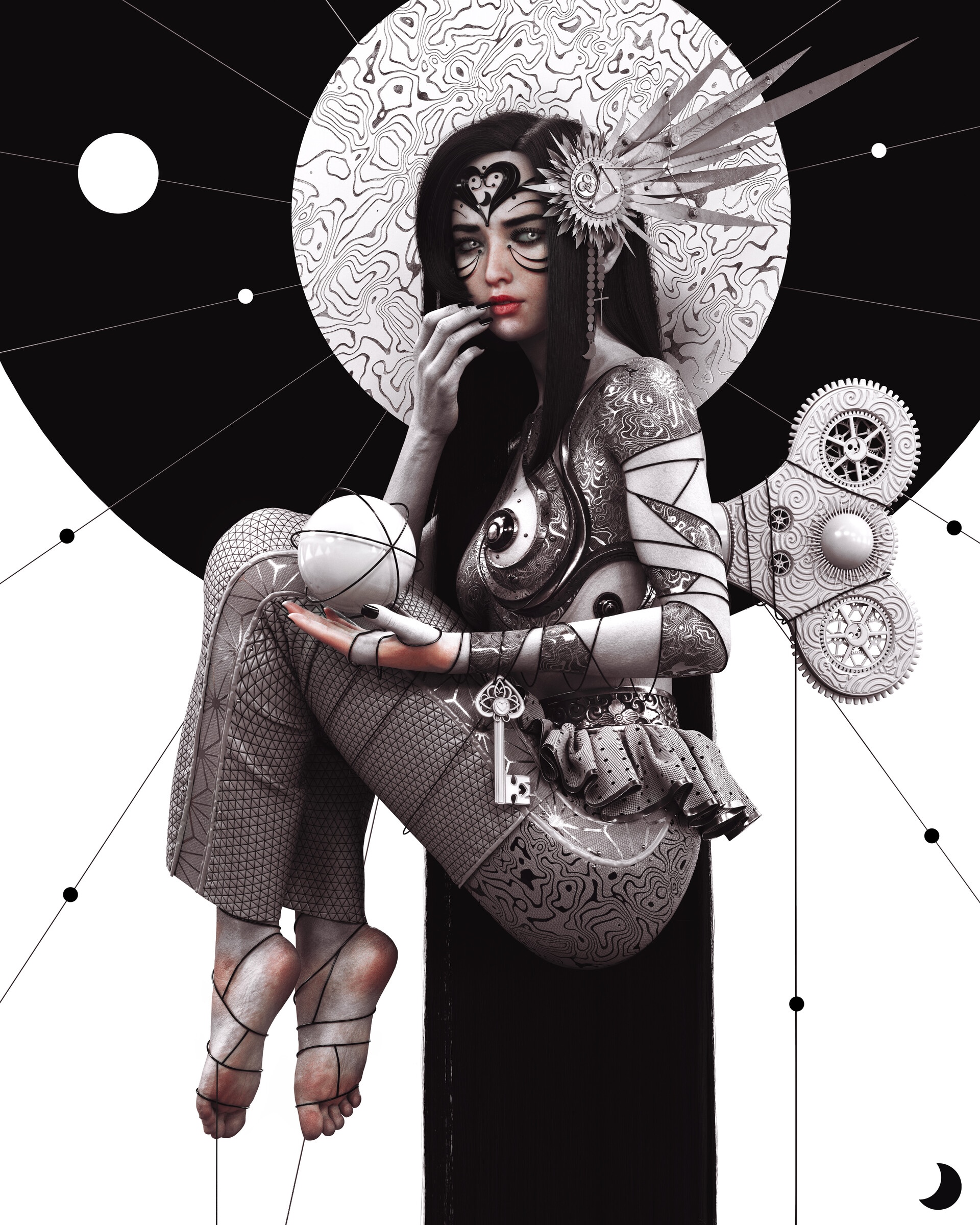Fantasy mechanical doll with intricate body art HD Phone Wallpaper