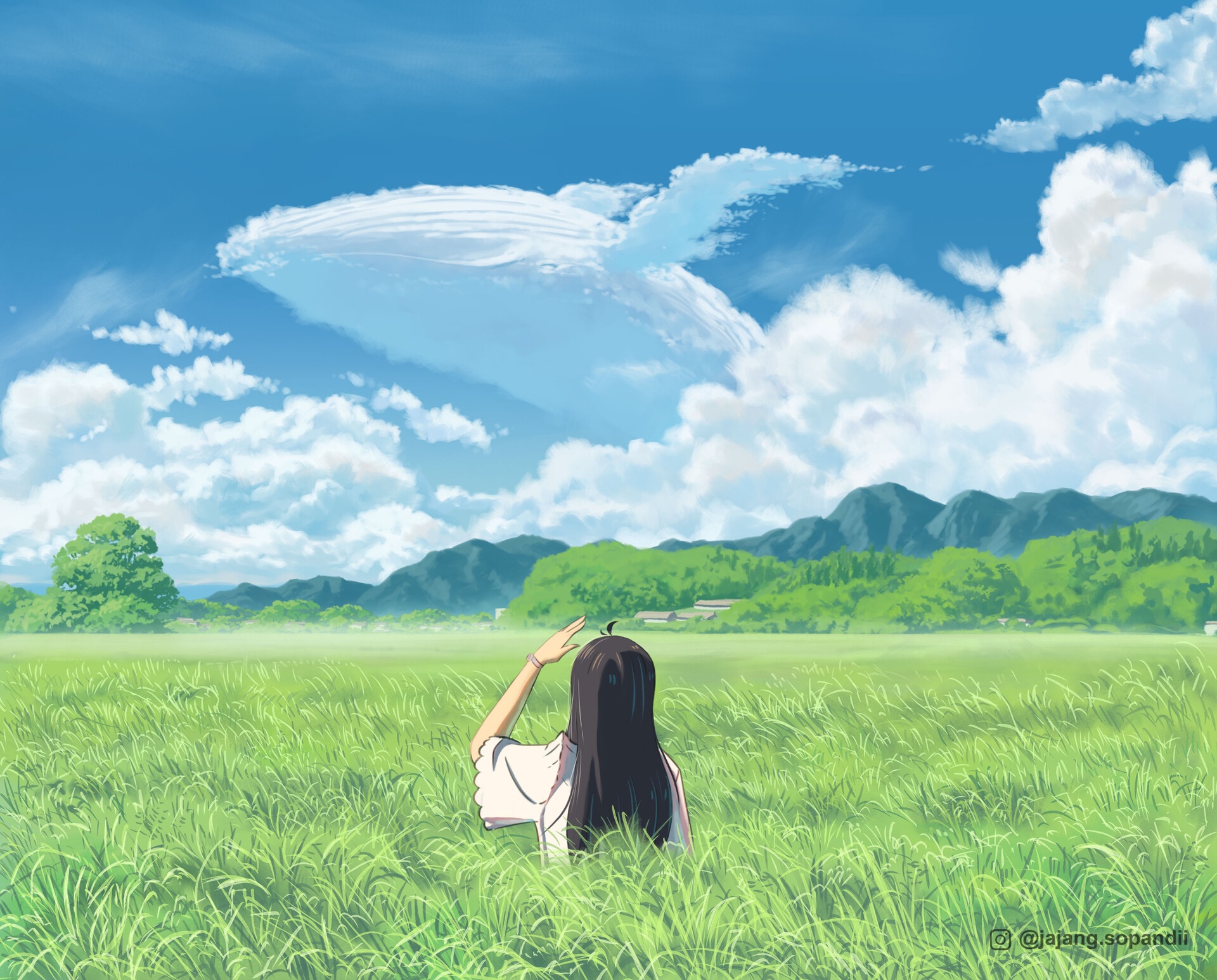 Girl in a grassy field looking at clouds HD Wallpaper