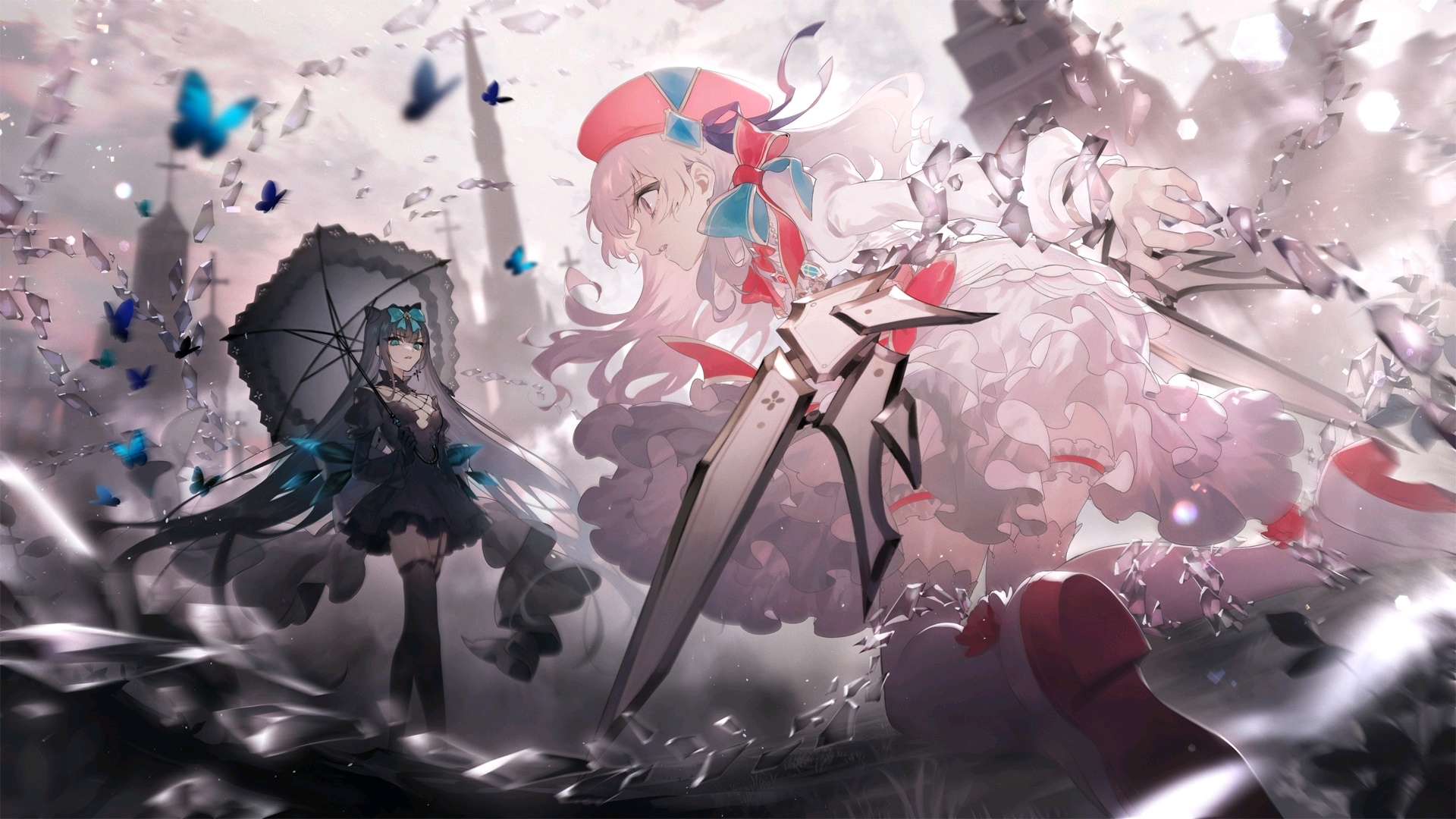 Two anime girls with butterflies and a sword HD Wallpaper