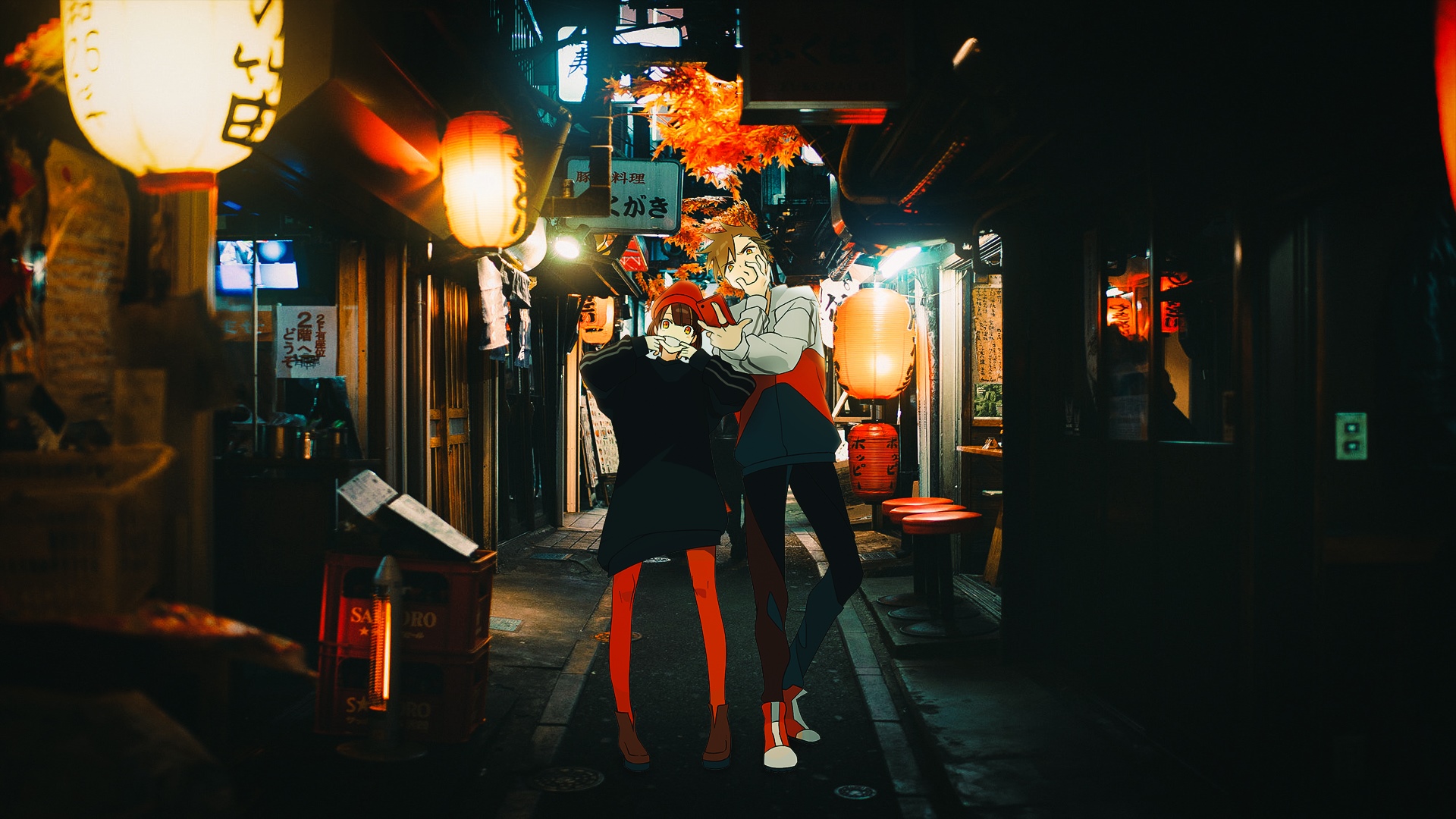 Anime couple in a Japanese alley at night HD Wallpaper