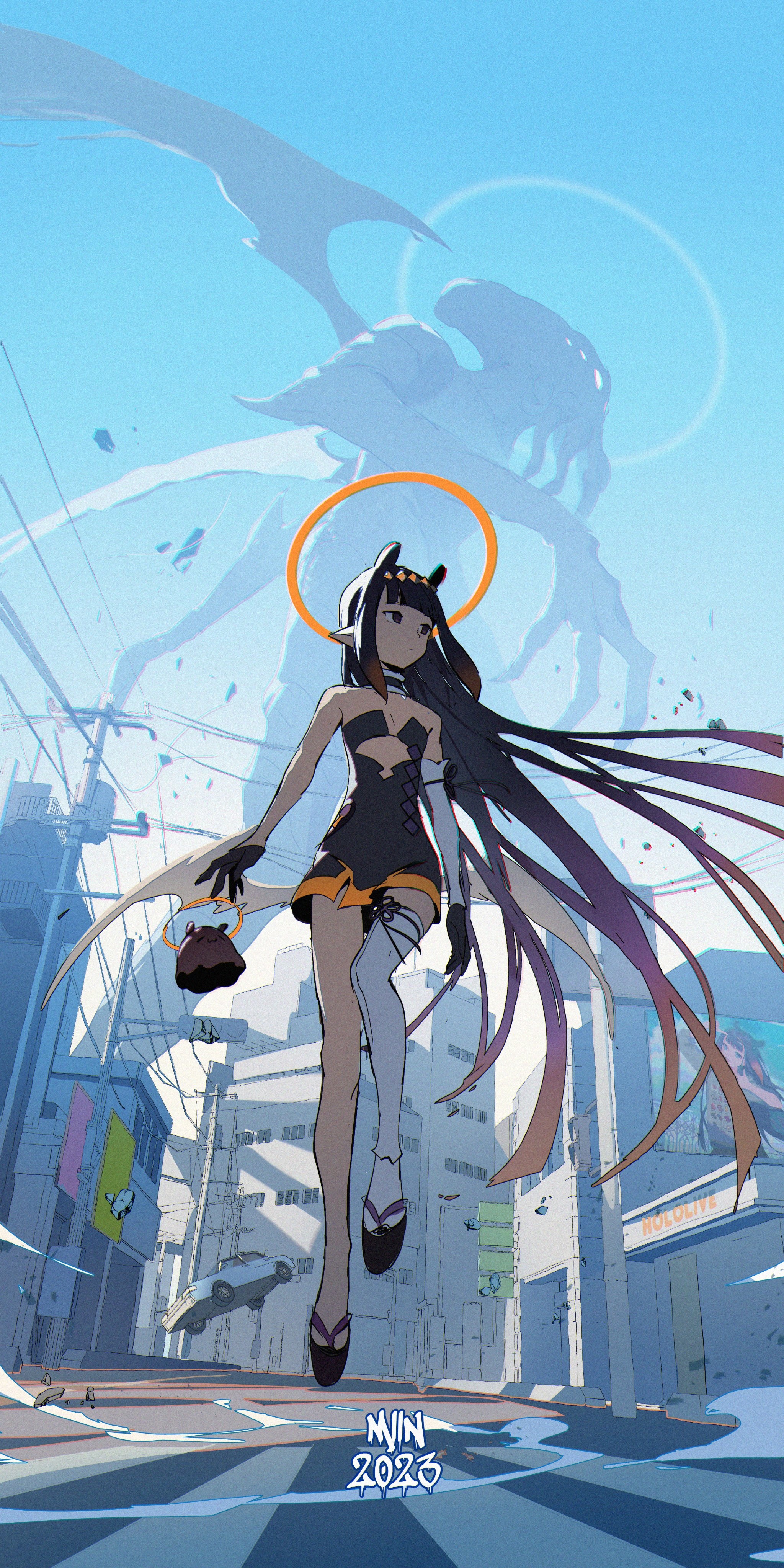 Ninomae Ina with a giant creature and city HD Phone Wallpaper