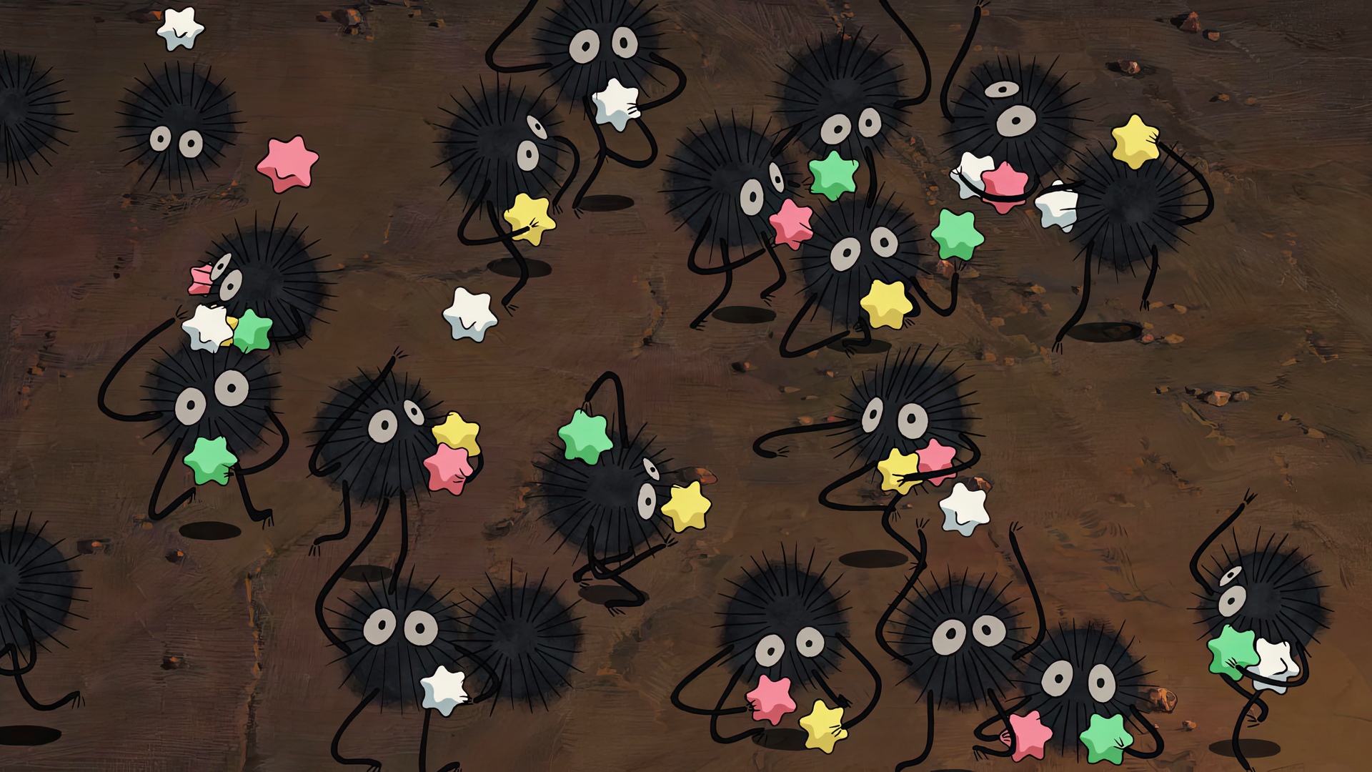 Susuwatari creatures holding star-shaped candies HD Wallpaper