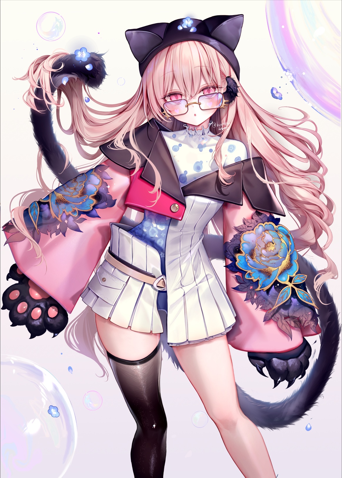 Cat girl with pink hair and glasses HD Phone Wallpaper