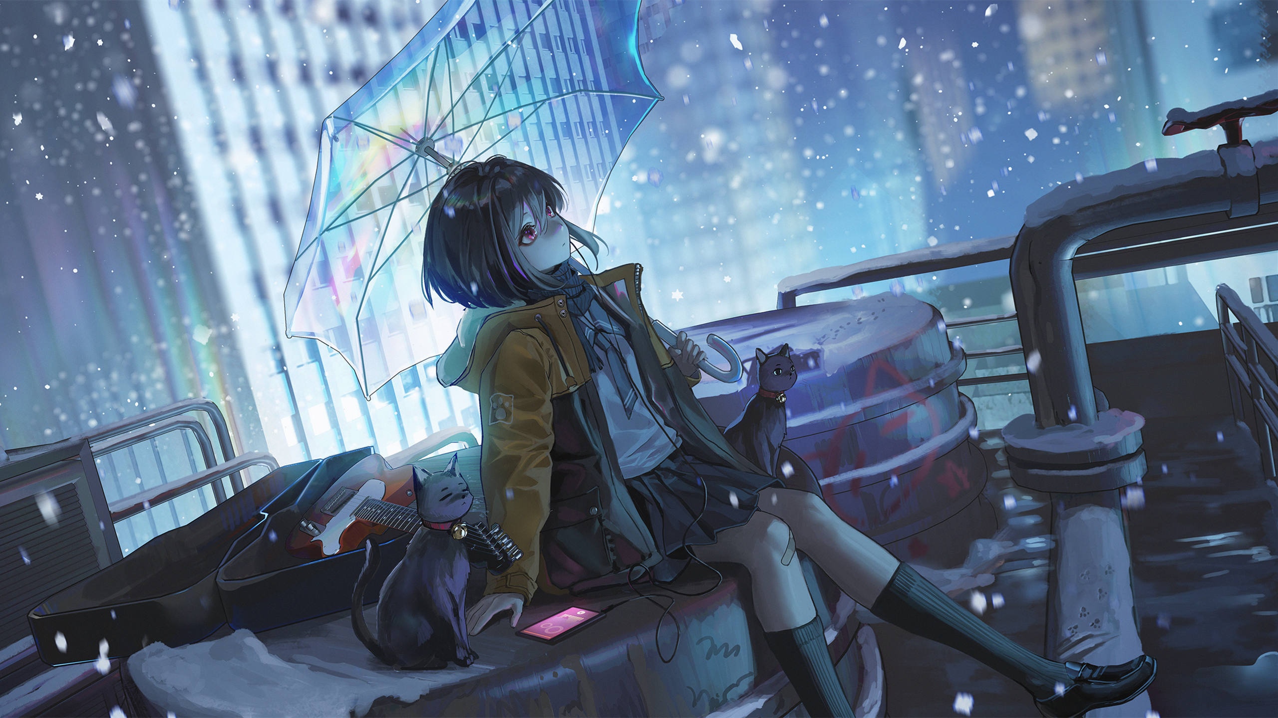 Girl with umbrella and cats on a snowy rooftop HD Wallpaper