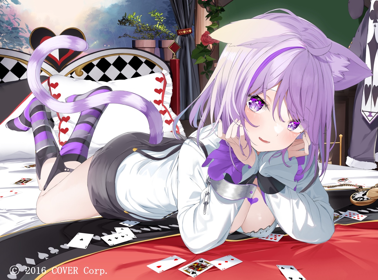 Nekomata Okayu lying on a bed with cards HD Wallpaper