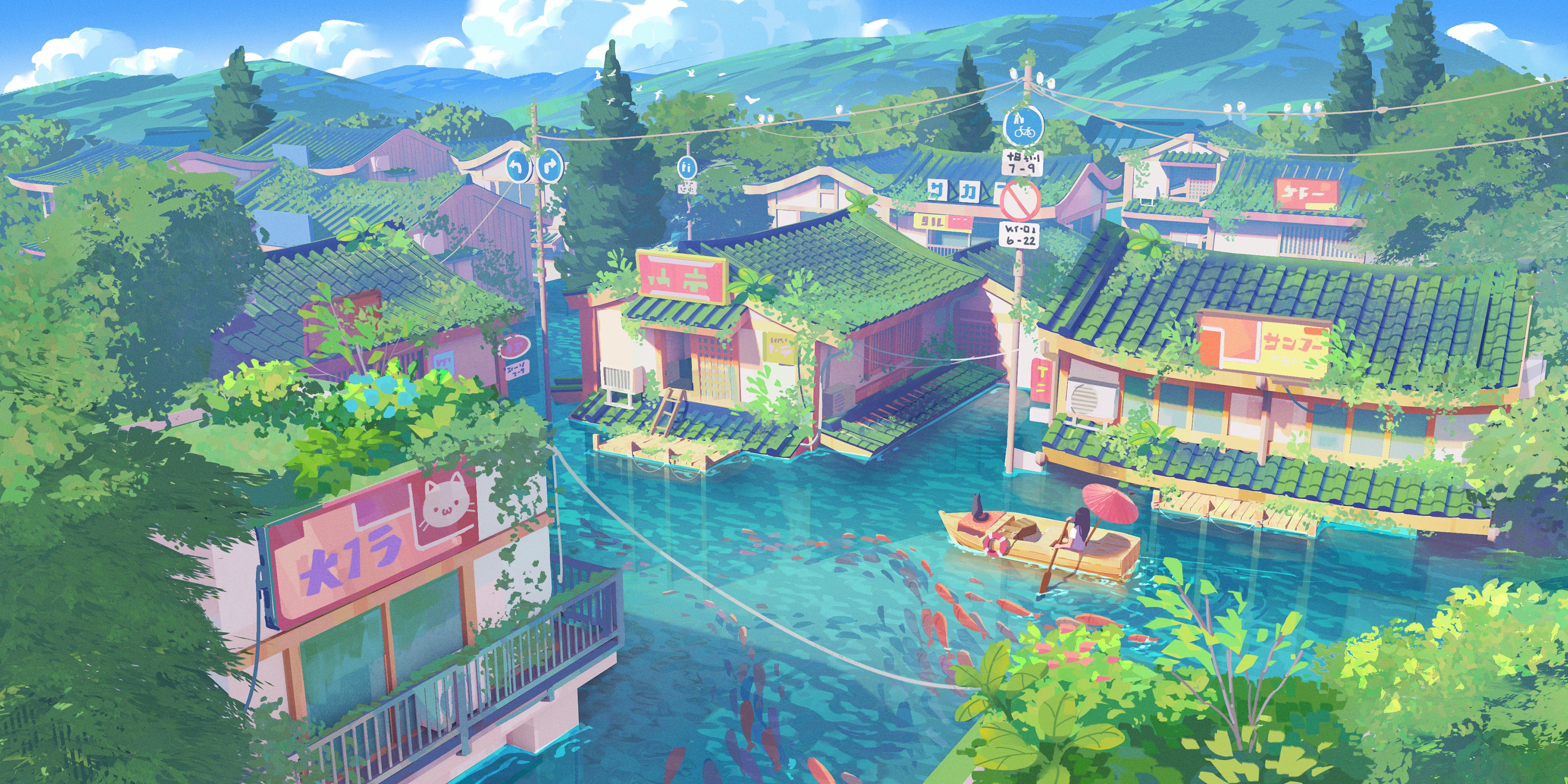 Anime cityscape with flooded streets and koi fish HD Wallpaper