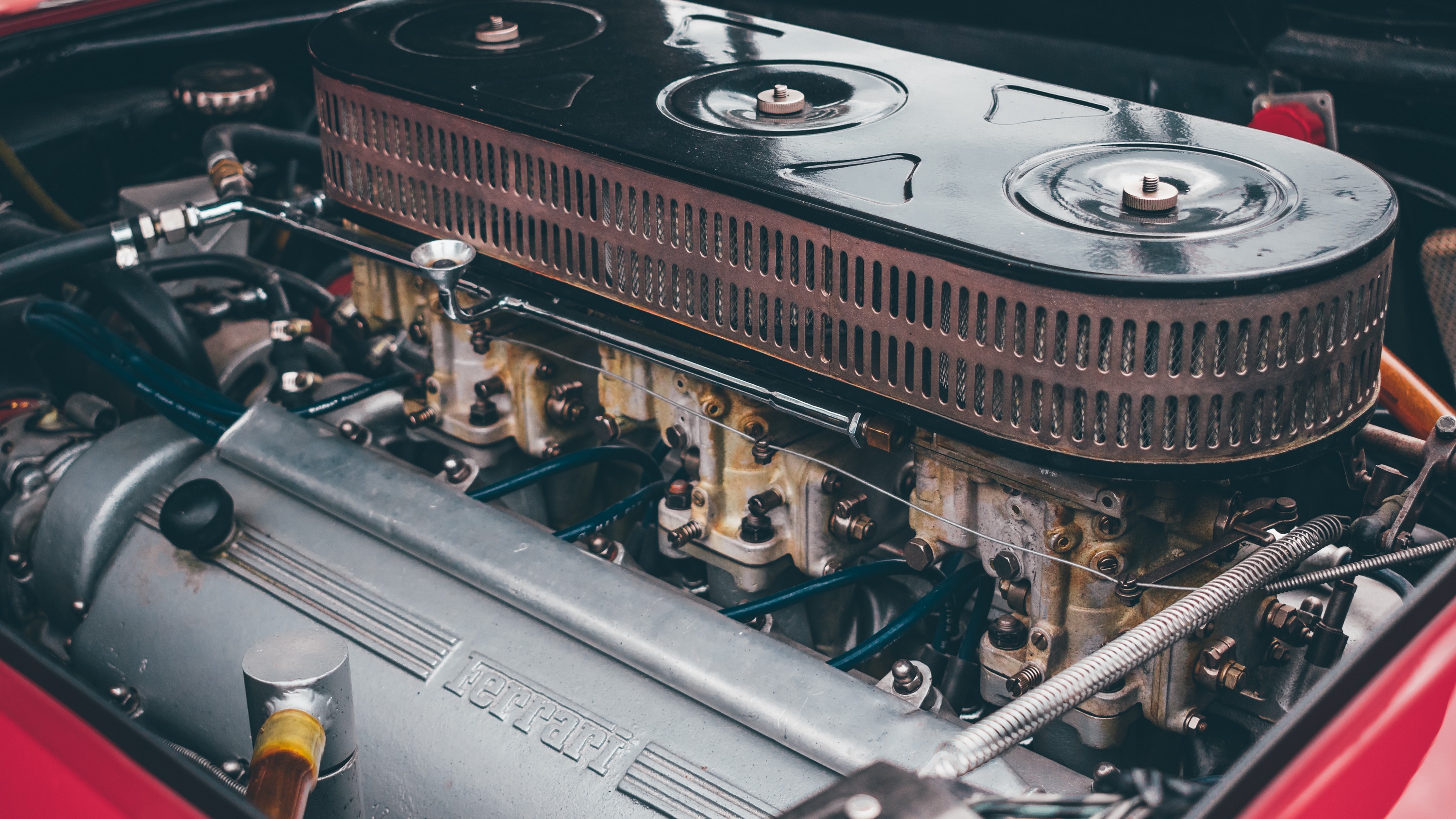 Ferrari Engine with Carburetors and Air Filter HD Wallpaper