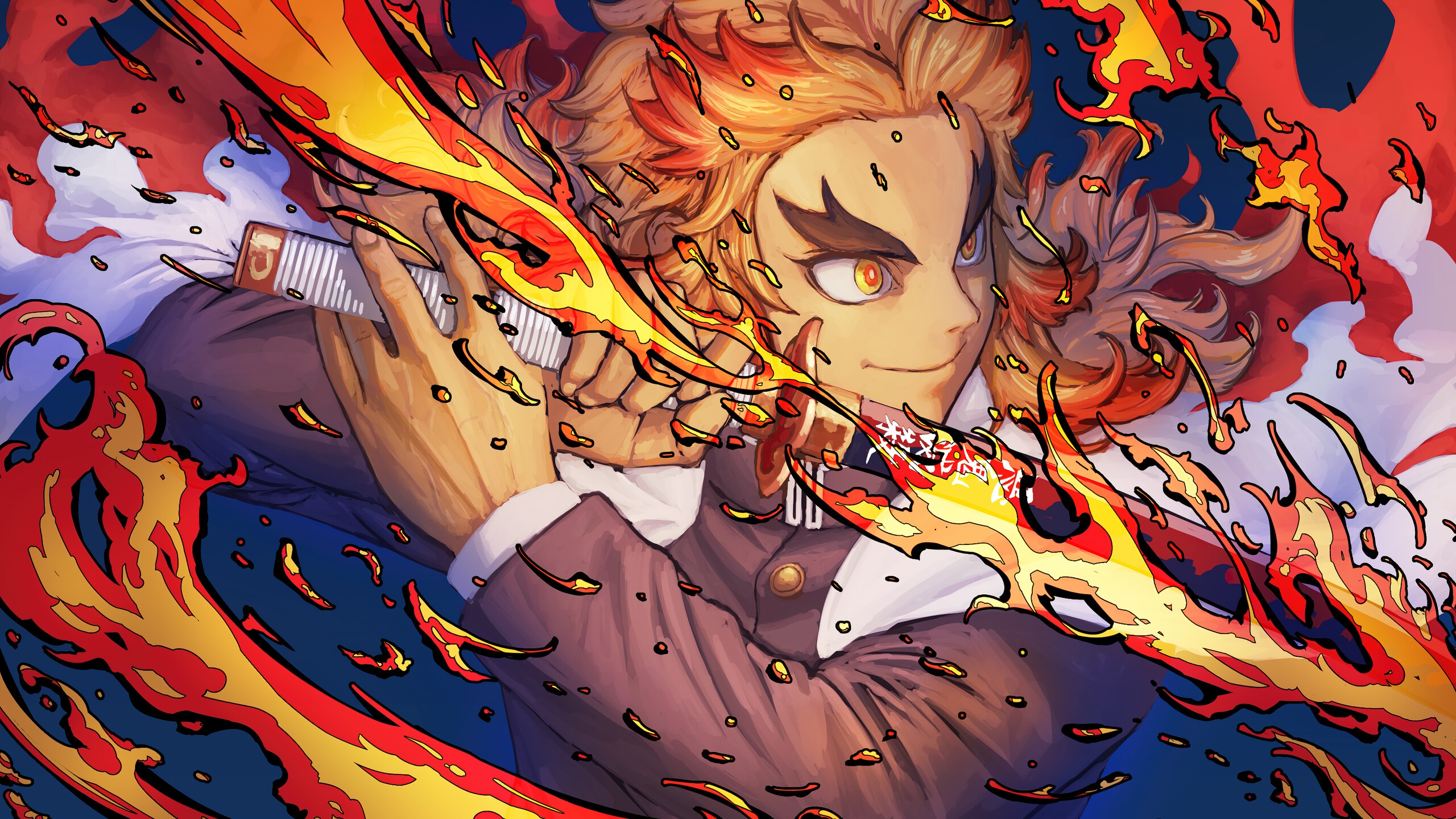 Rengoku Kyoujurou from Kimetsu no Yaiba with fiery sword HD Wallpaper