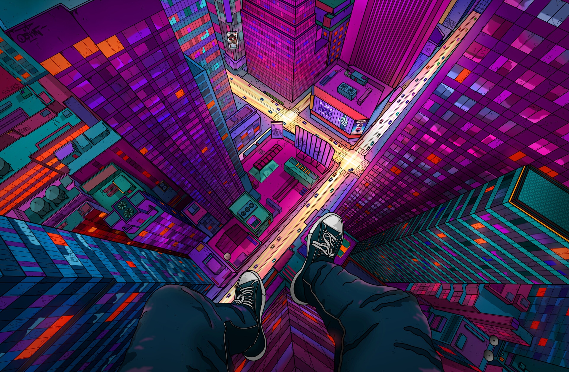 POV aerial view of a neon city at night HD Wallpaper