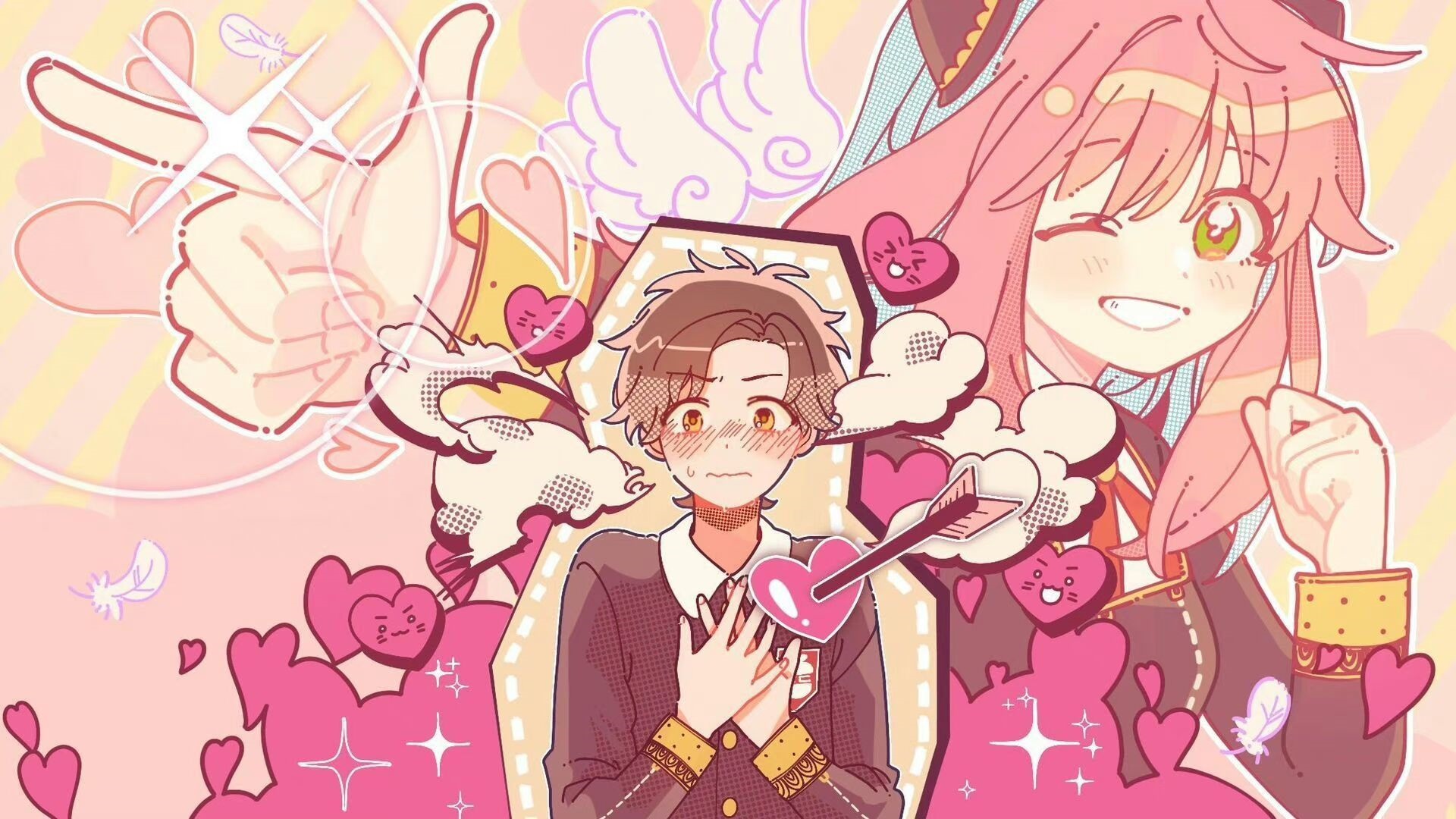 Anya Forger and a blushing boy with hearts HD Wallpaper