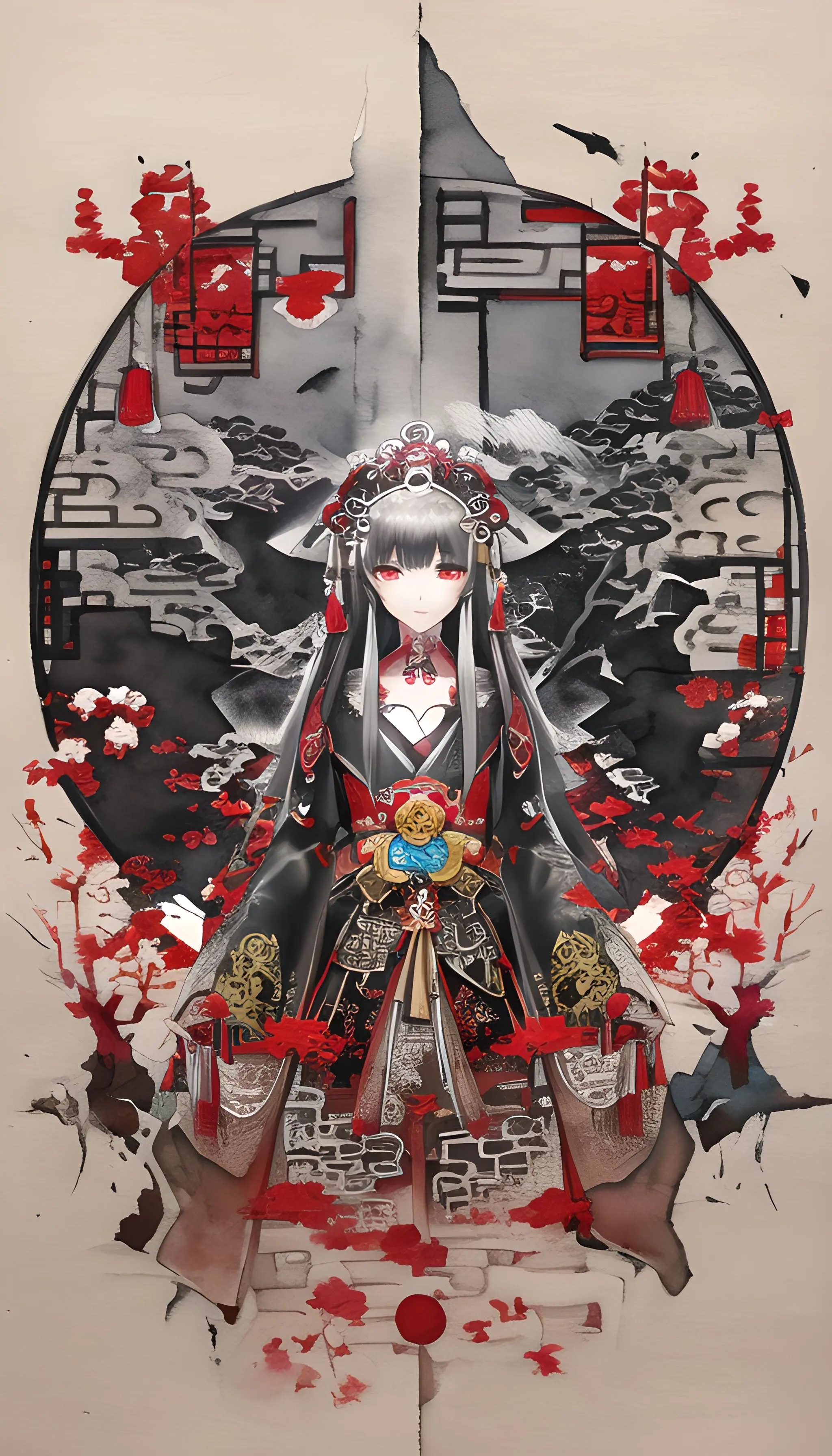 Anime girl in traditional Chinese dress with red eyes HD Phone Wallpaper