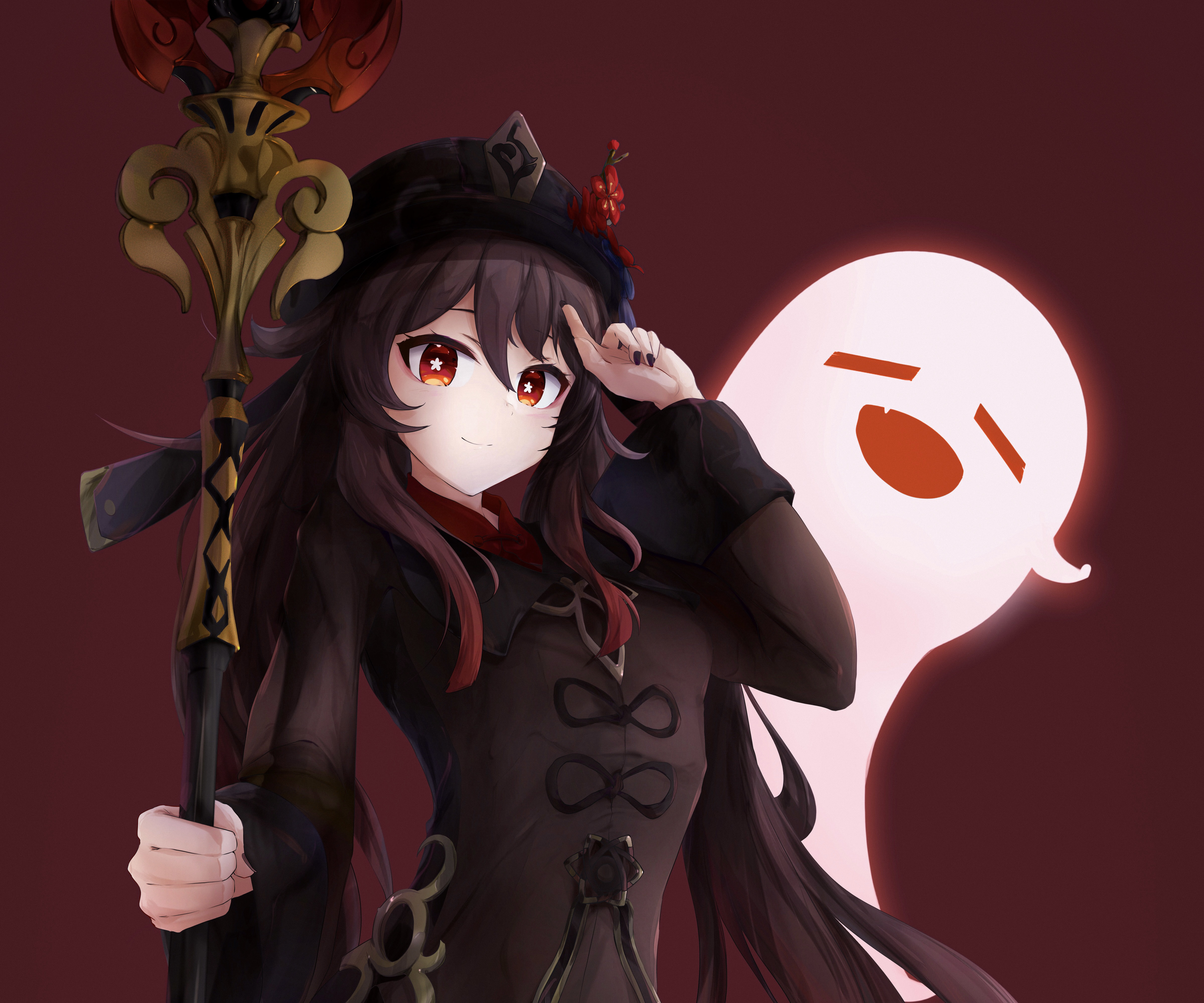 Hu Tao from Genshin Impact with a ghost HD Wallpaper