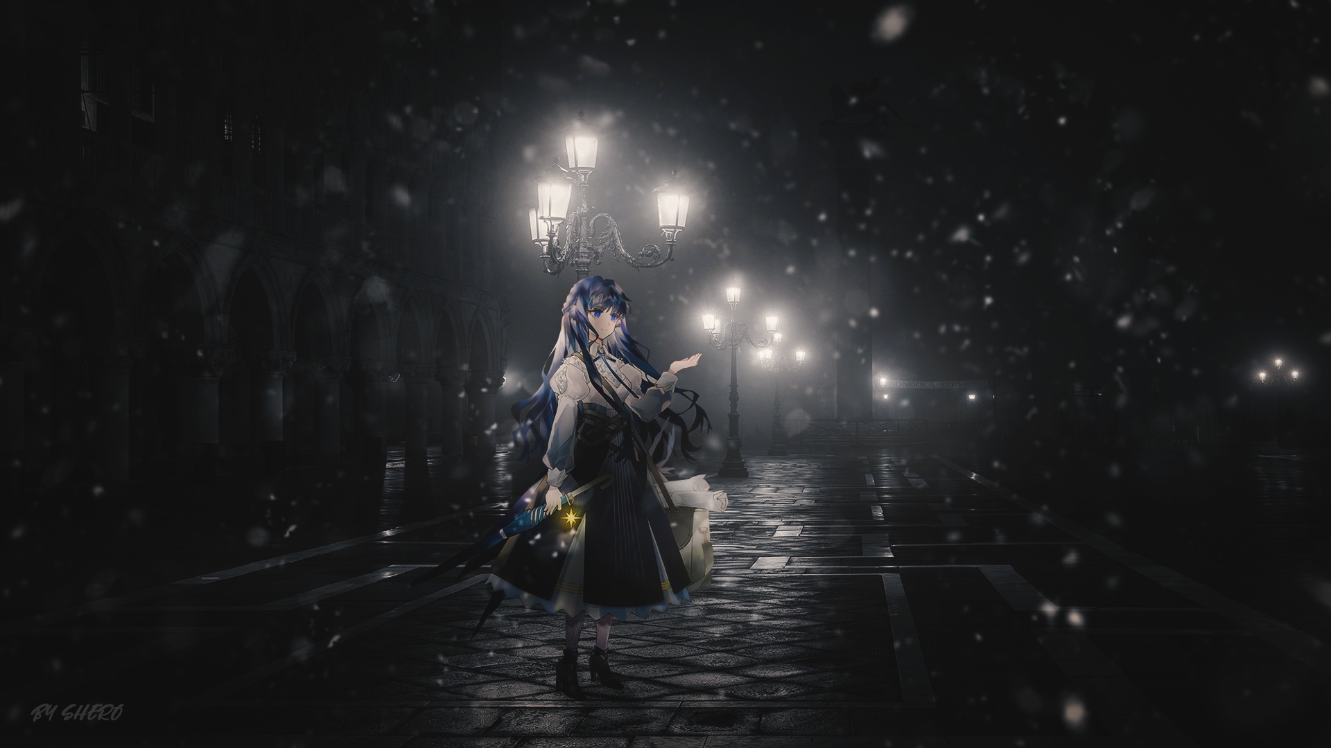Astesia in a snowy night with street lamps HD Wallpaper