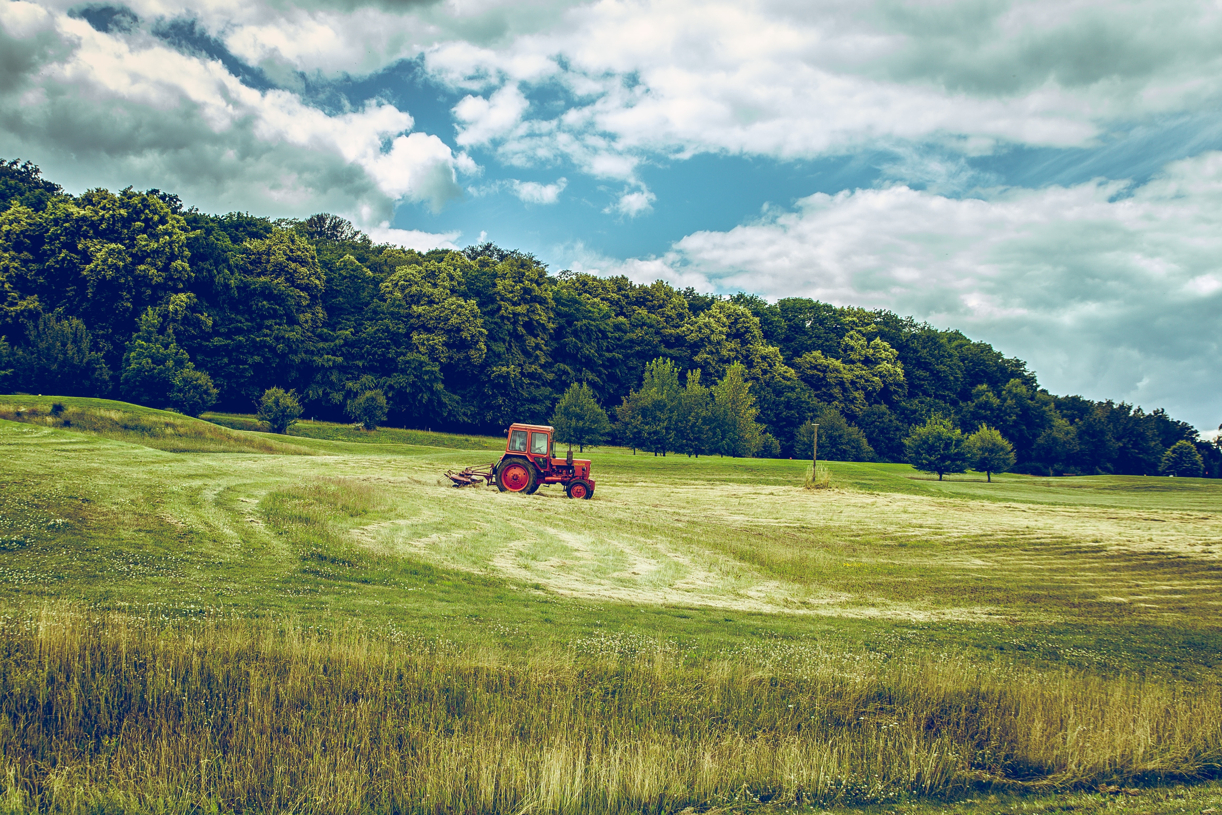 Red tractor mowing a grassy field with trees and clouds HD Wallpaper