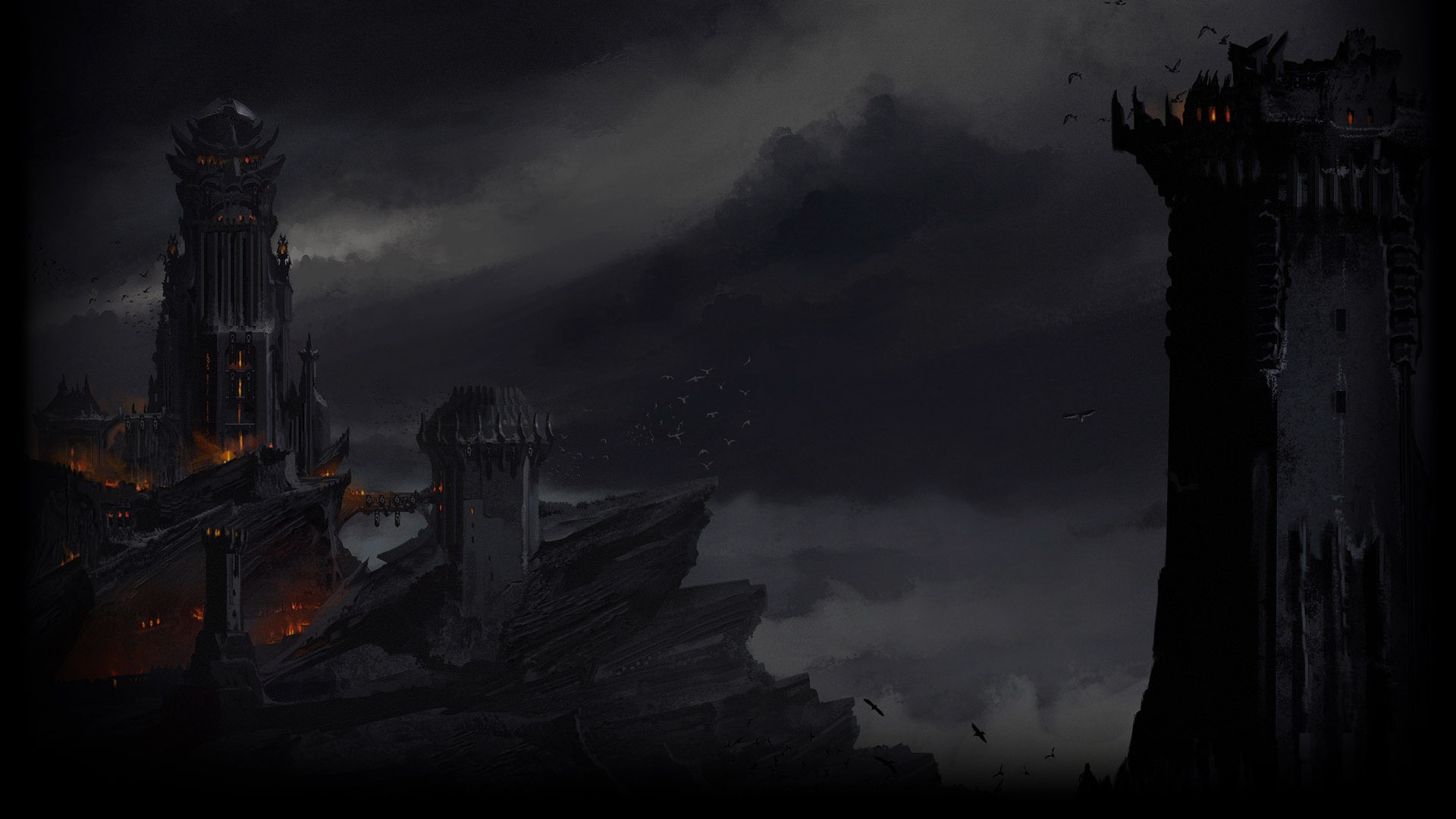 Dark castles and towers on cliffs with birds HD Wallpaper