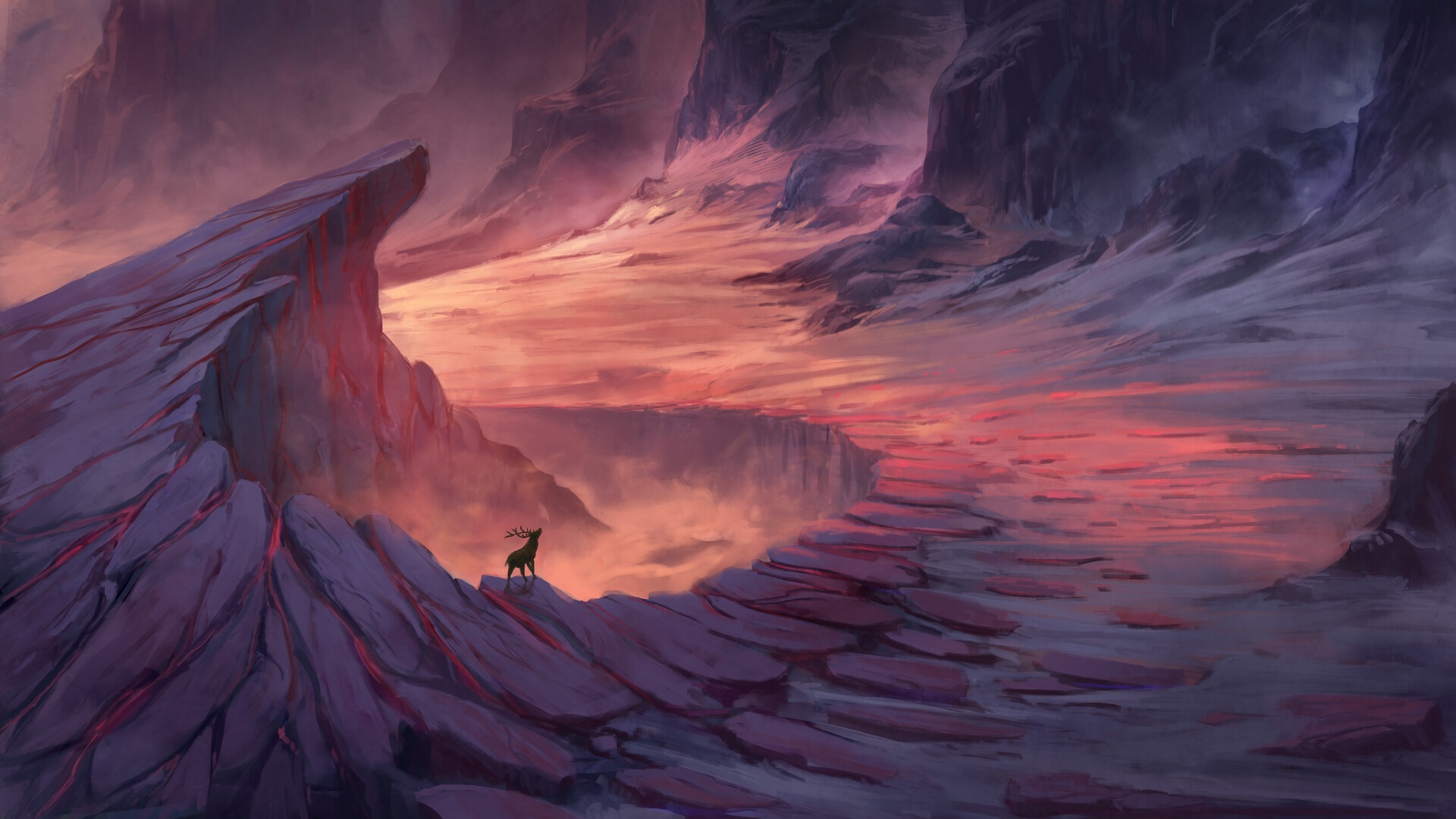 Fantasy landscape with elk and glowing rocks HD Wallpaper